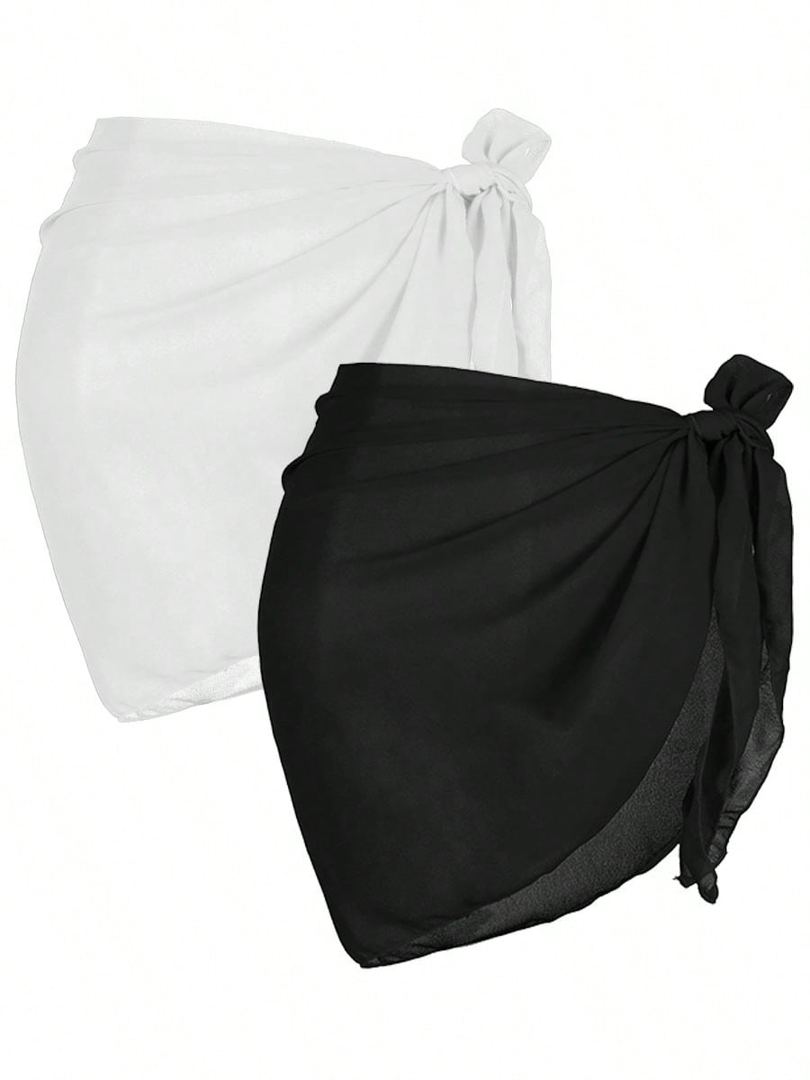 2 Pcs Swimsuit Coverups For Women Sarong Beach Wrap Sheer Short Skirt Chiffon Scarf Coverup For Swimwear Bathing Suit