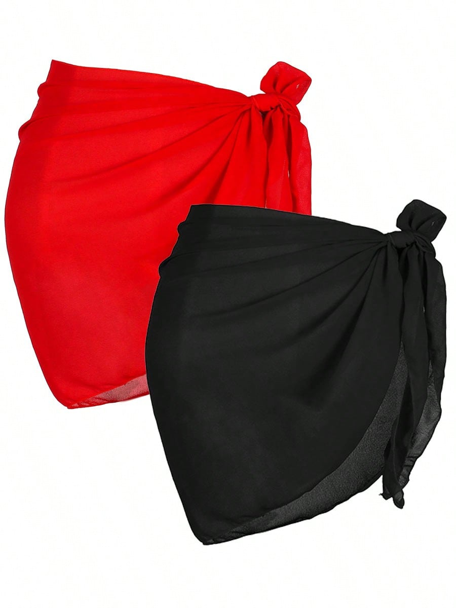 2 Pcs Swimsuit Coverups For Women Sarong Beach Wrap Sheer Short Skirt Chiffon Scarf Coverup For Swimwear Bathing Suit