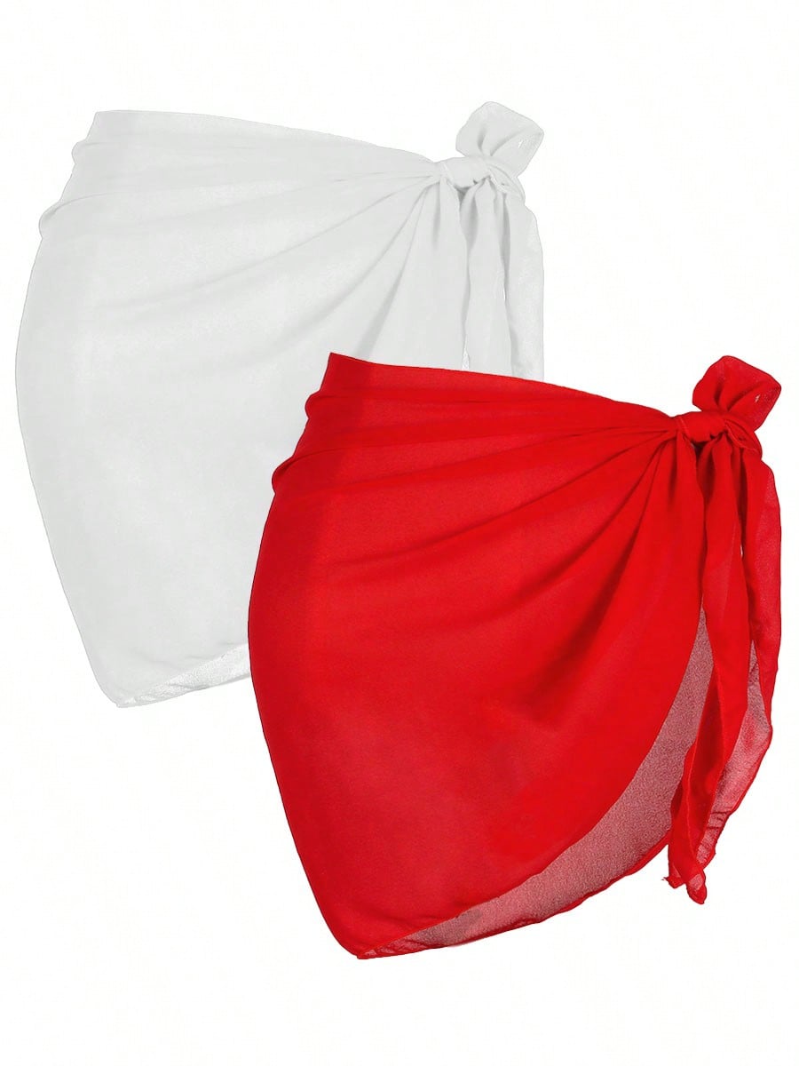 2 Pcs Swimsuit Coverups For Women Sarong Beach Wrap Sheer Short Skirt Chiffon Scarf Coverup For Swimwear Bathing Suit
