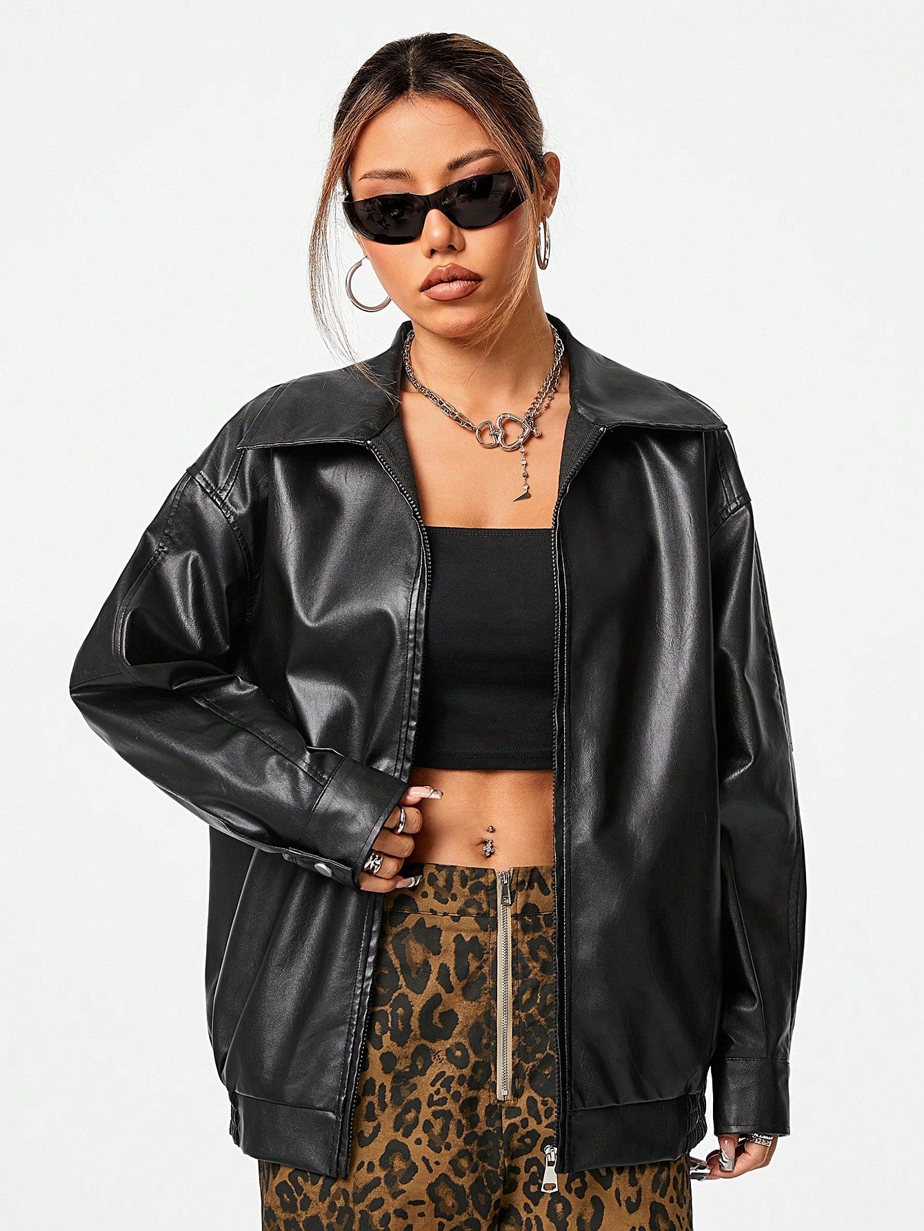 Women's Fall Essentials Casual Leather With Pockets Comfy Black Baggy Lapel Collar Long Sleeve Jacket
