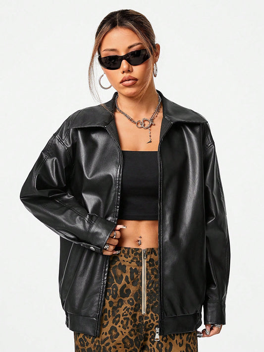 Women's Fall Essentials Casual Leather With Pockets Comfy Black Baggy Lapel Collar Long Sleeve Jacket
