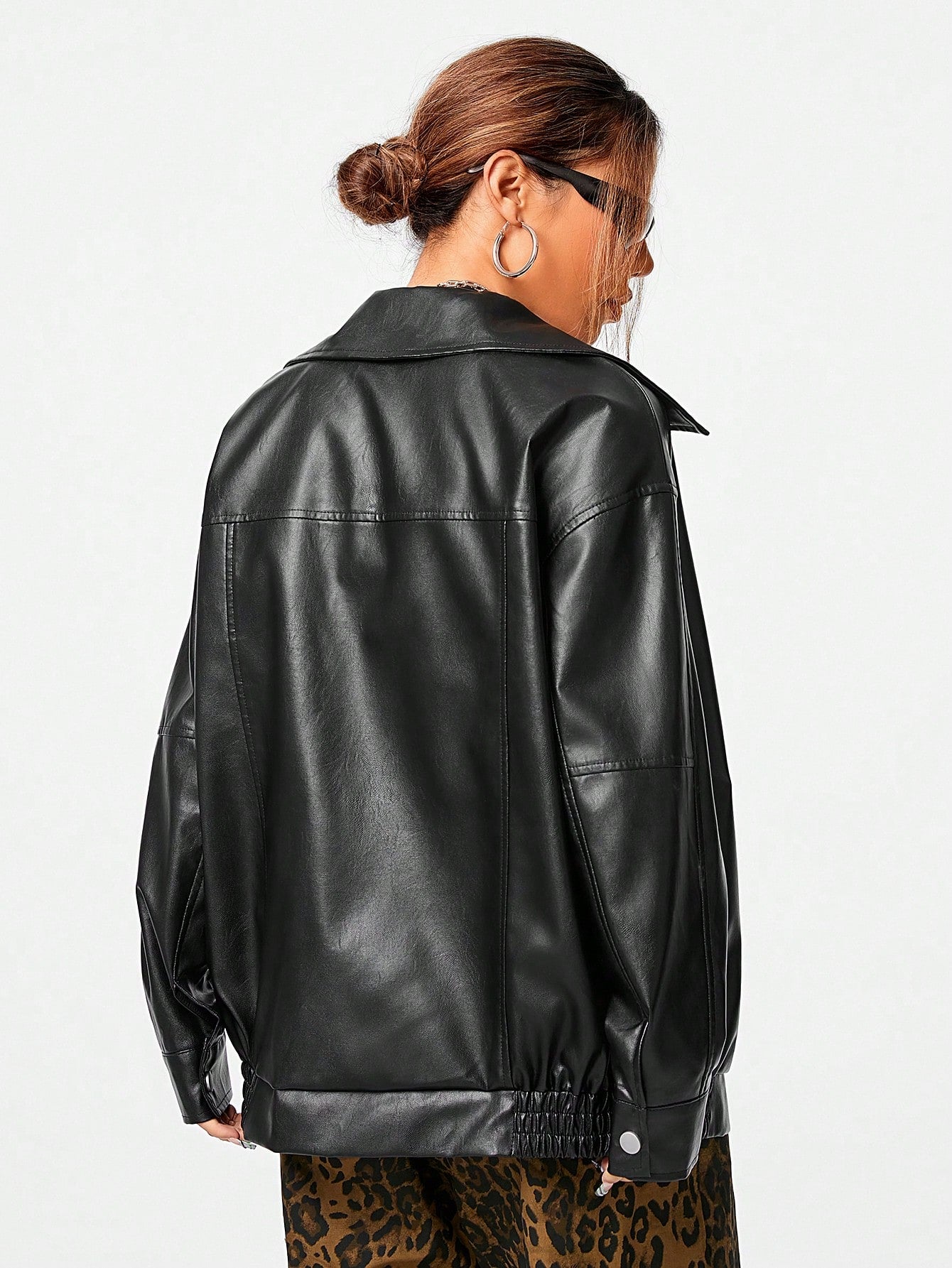 Women's Fall Essentials Casual Leather With Pockets Comfy Black Baggy Lapel Collar Long Sleeve Jacket