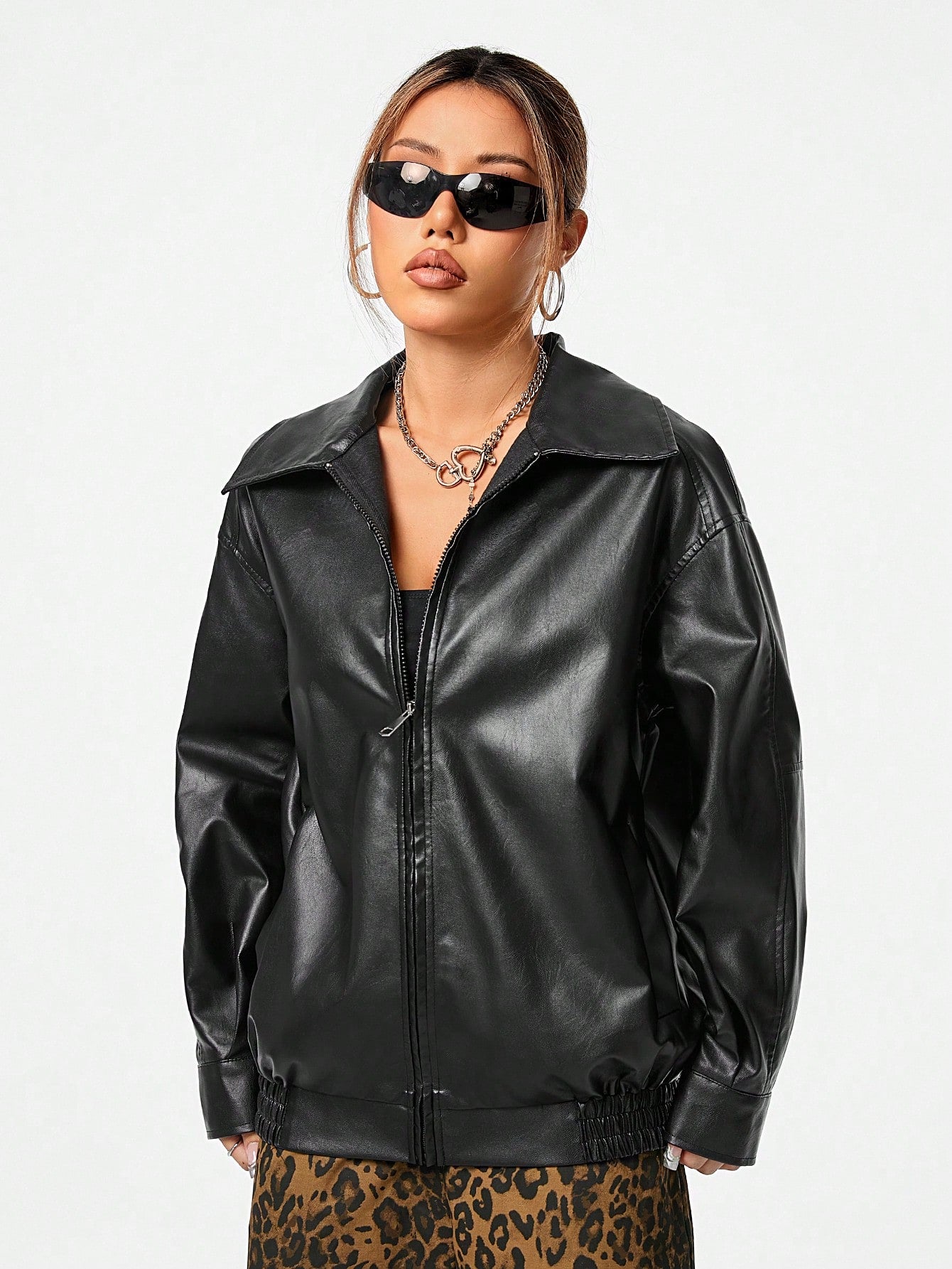 Women's Fall Essentials Casual Leather With Pockets Comfy Black Baggy Lapel Collar Long Sleeve Jacket