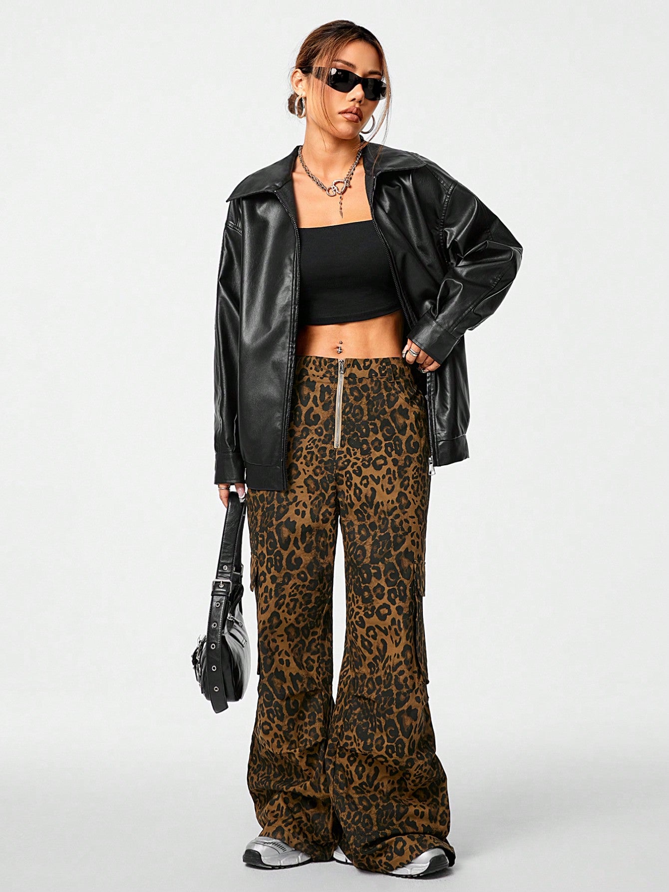 Women's Fall Essentials Casual Leather With Pockets Comfy Black Baggy Lapel Collar Long Sleeve Jacket