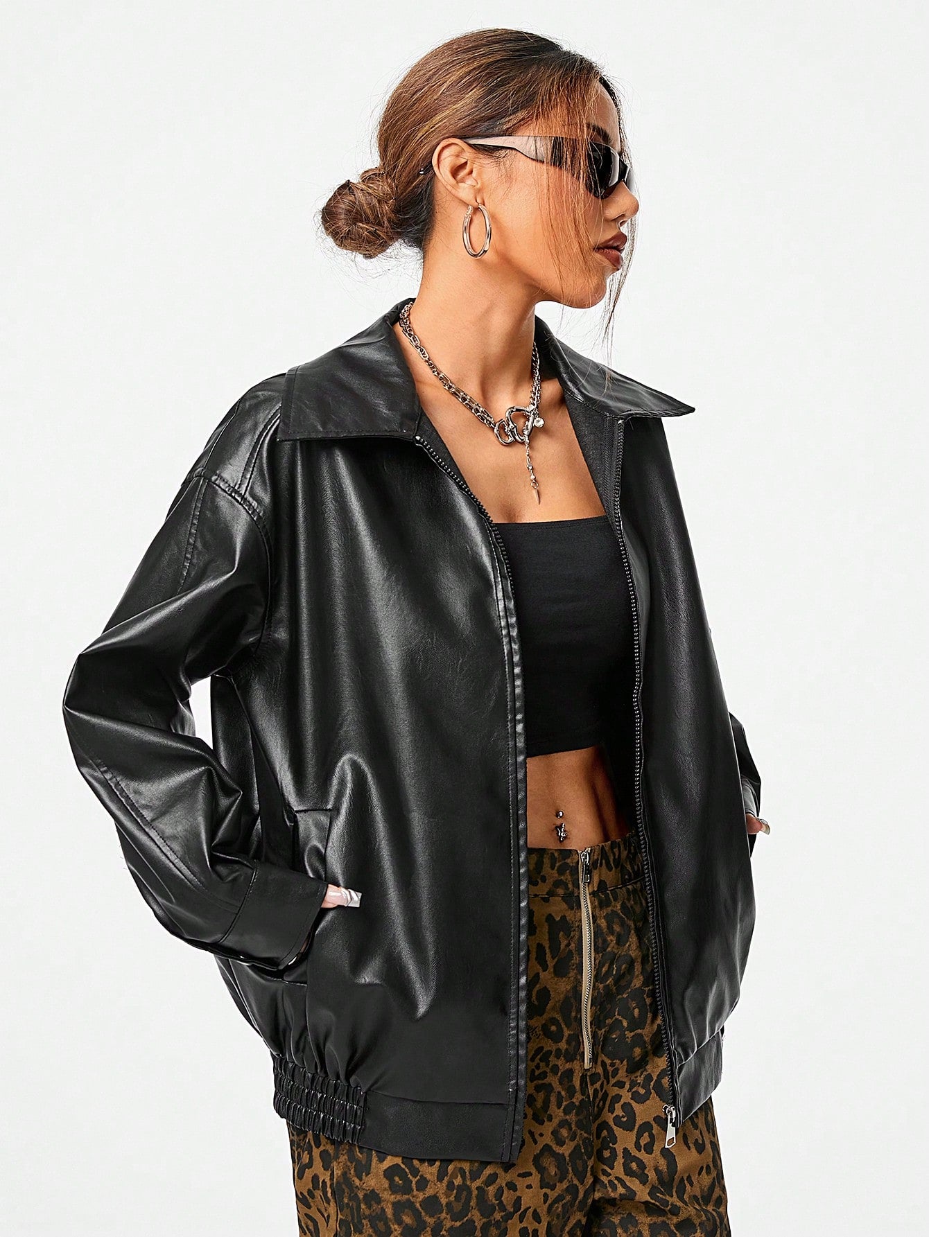 Women's Fall Essentials Casual Leather With Pockets Comfy Black Baggy Lapel Collar Long Sleeve Jacket