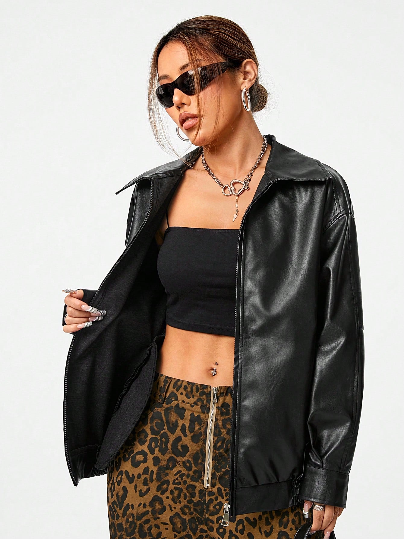 Women's Fall Essentials Casual Leather With Pockets Comfy Black Baggy Lapel Collar Long Sleeve Jacket