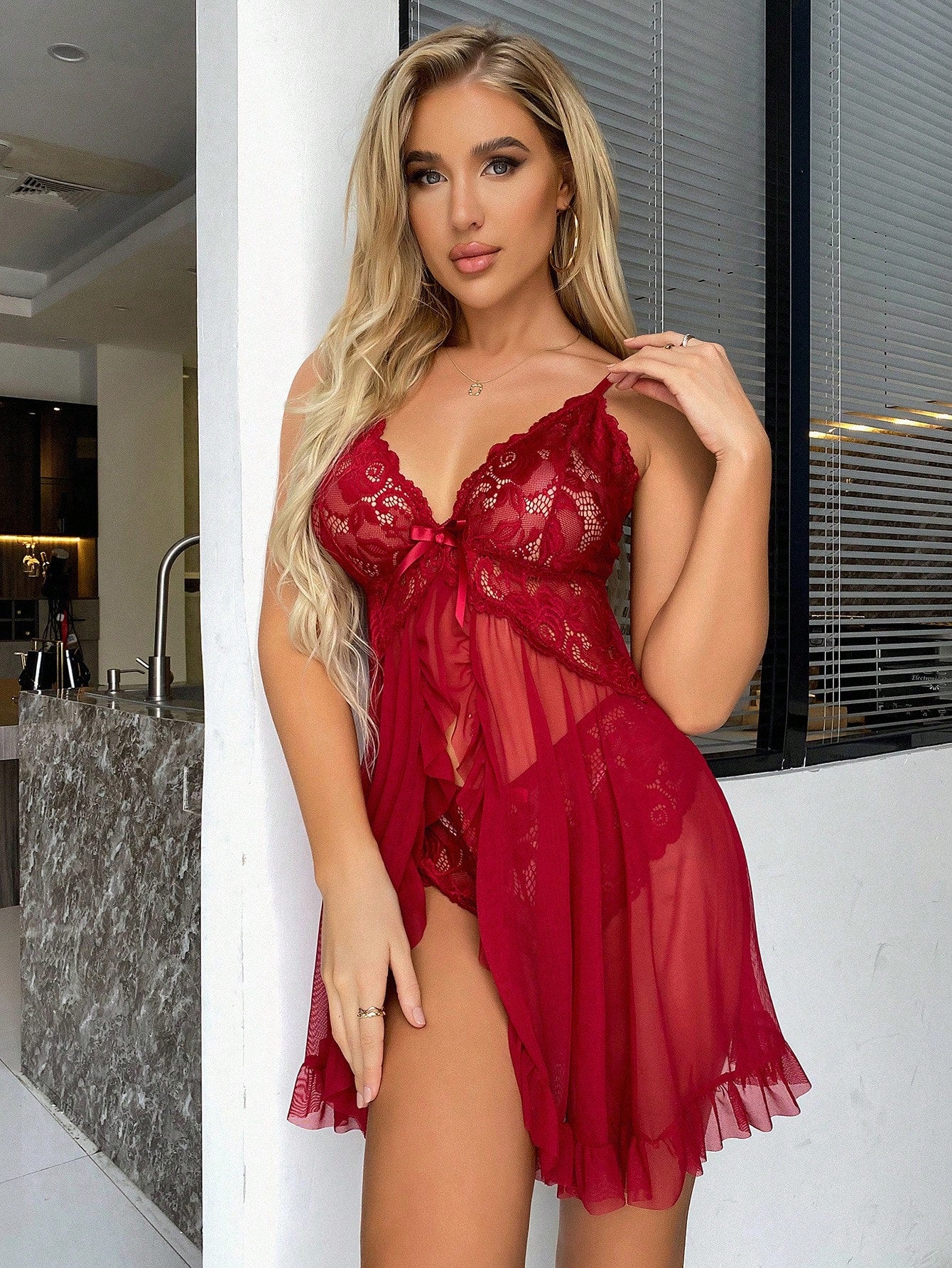 Women's Nightdress + Pants, Kawaii, Sexy Lace, Mesh And Body Solid Color, Slit Erotic Seductive Underwear Women's Sexy Lingerie Set,