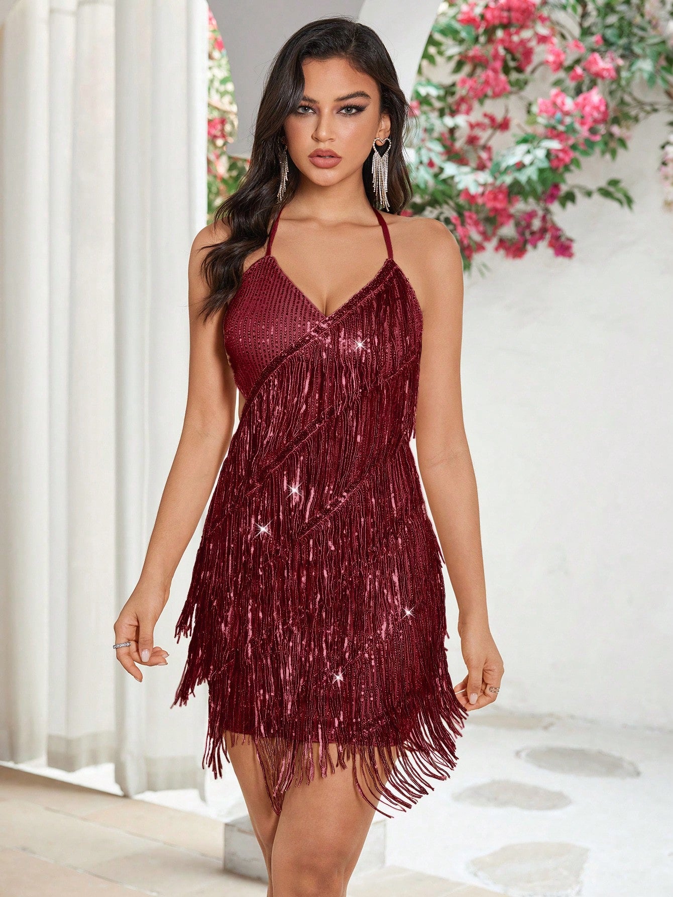 Sequin Dress For Women V Neck Halter Club Party Evening Dress