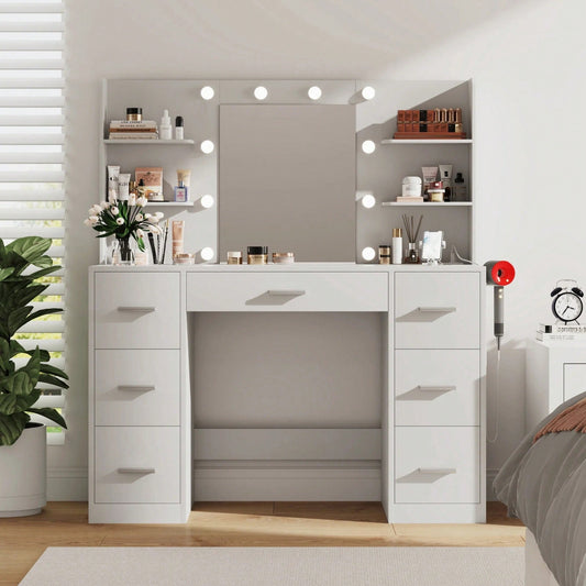 Christmas Decoration Furmax Makeup Vanity With Lights In 3 Colors, Vanity Table With Charging Station Of 2 USB Ports And 2 Outlets, Vanity Desk With Large Mirror, Drawers And Shelves