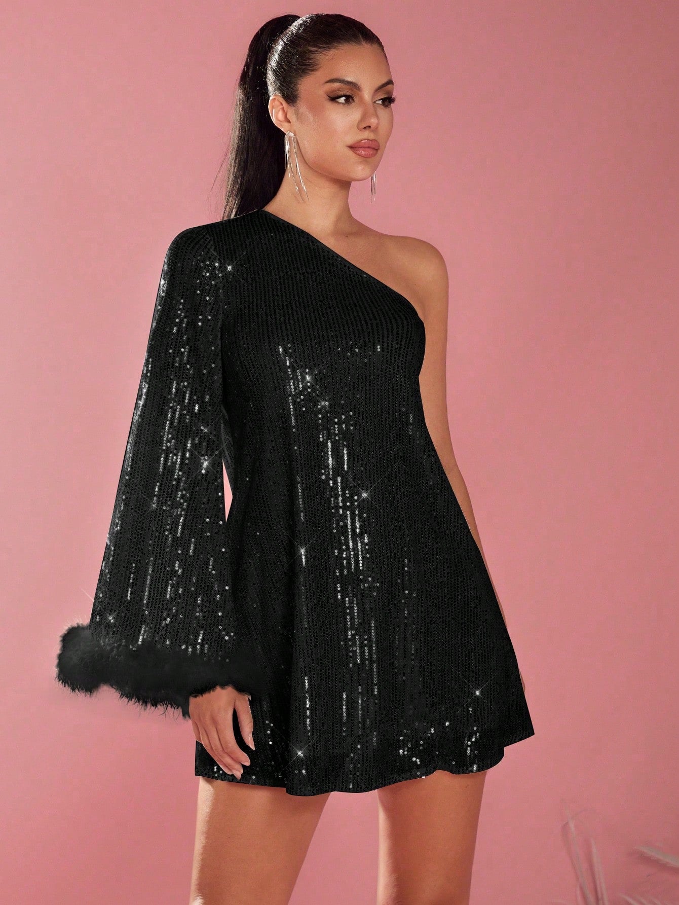 Women Fluffy Panel Oblique Shoulder Long Sleeve Short Casual Dress For Holiday Party Clothes Sequin Women Outfit