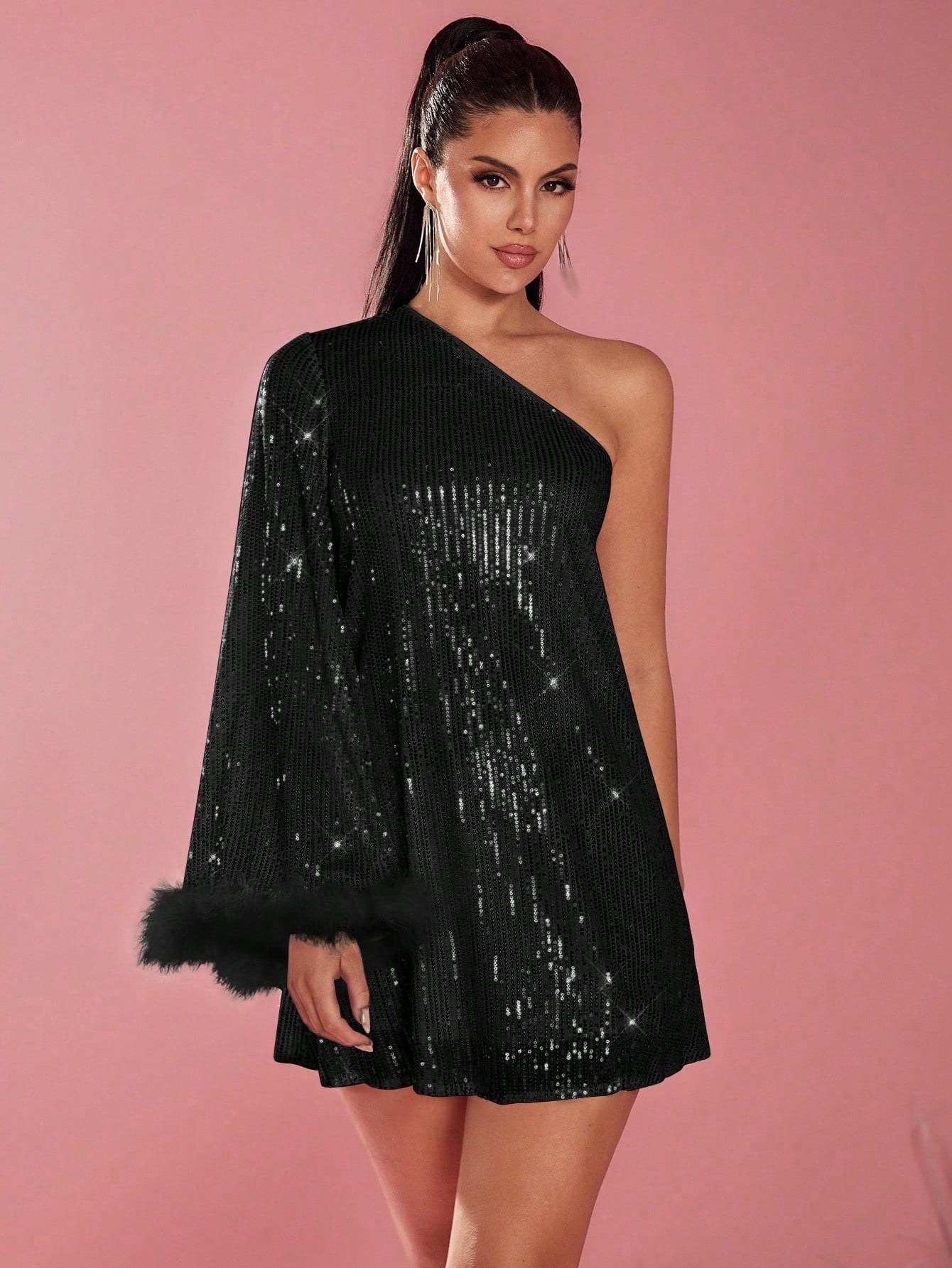 Women Fluffy Panel Oblique Shoulder Long Sleeve Short Casual Dress For Holiday Party Clothes Sequin Women Outfit