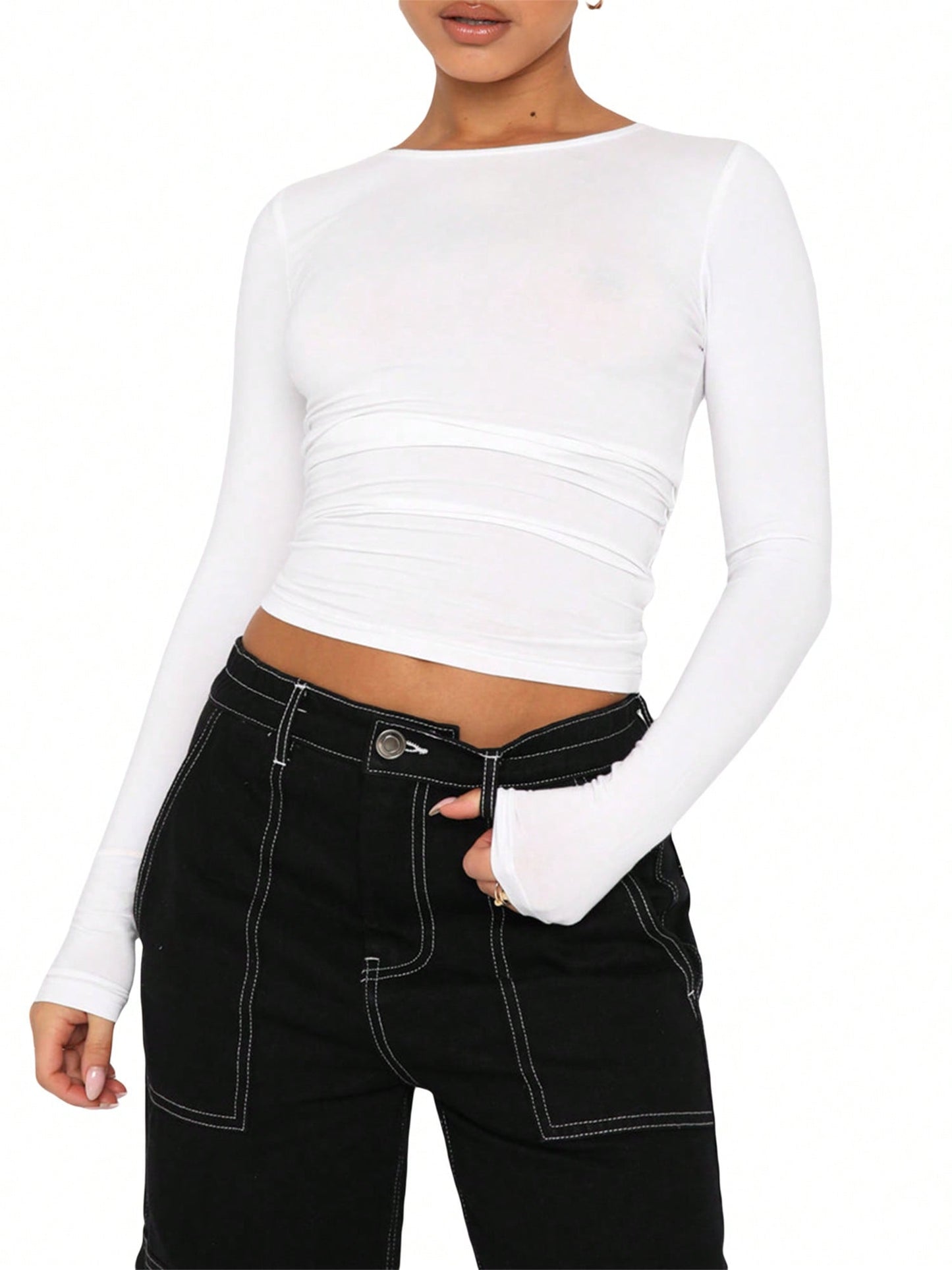 Womena cute S Autumn Slim Cropped Tops, Solid Color Round-Neck Long Sleeve Show Navel T-Shirt