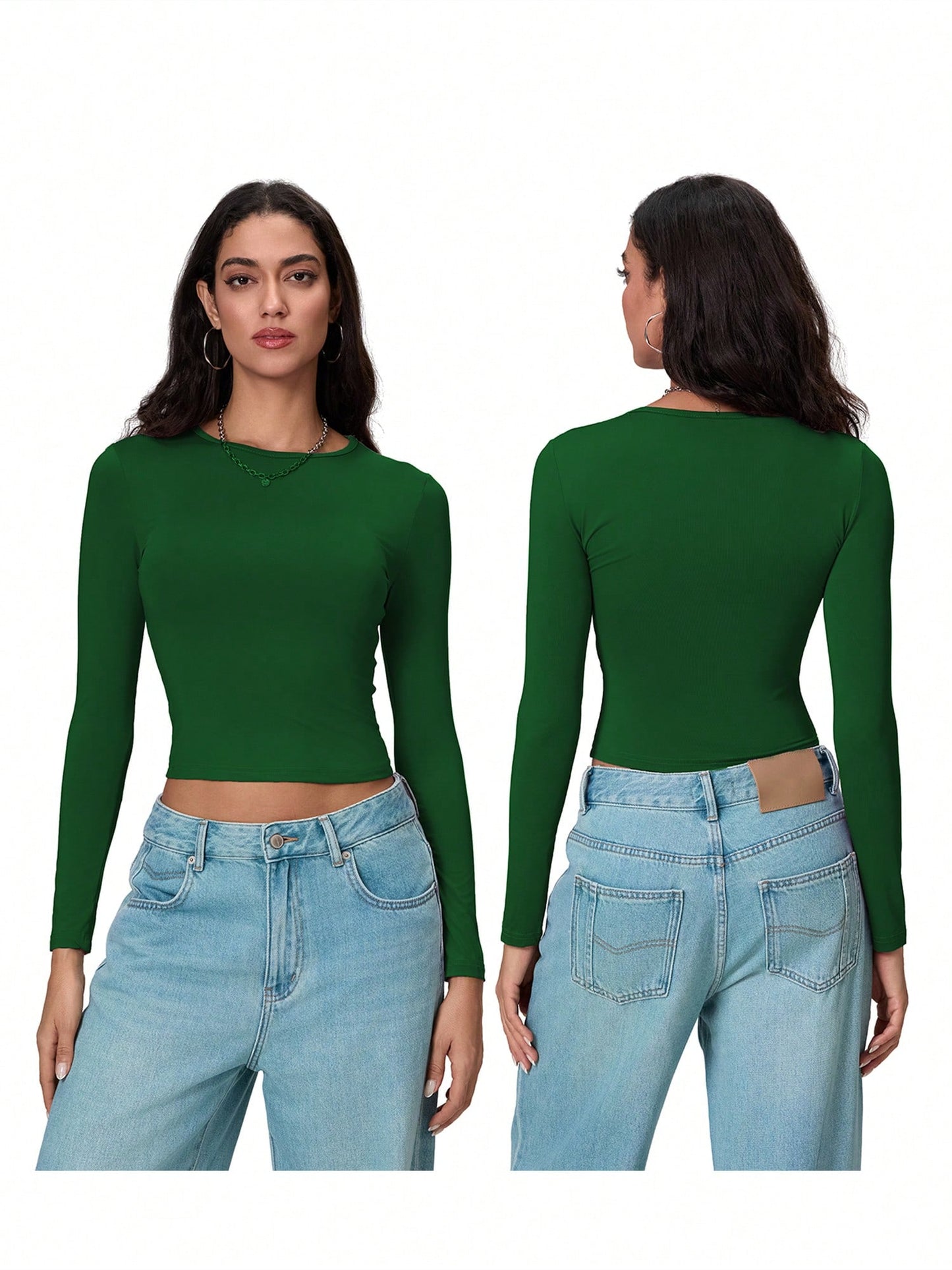 Womena cute S Autumn Slim Cropped Tops, Solid Color Round-Neck Long Sleeve Show Navel T-Shirt