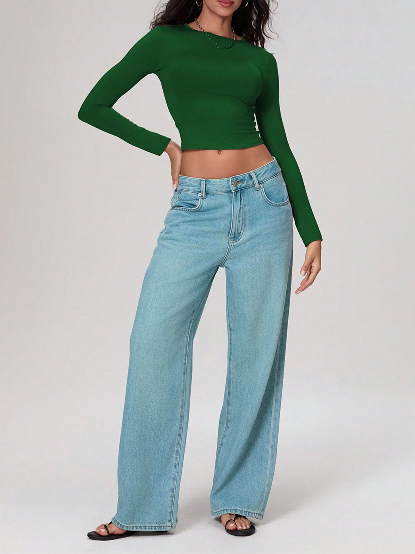 Womena cute S Autumn Slim Cropped Tops, Solid Color Round-Neck Long Sleeve Show Navel T-Shirt