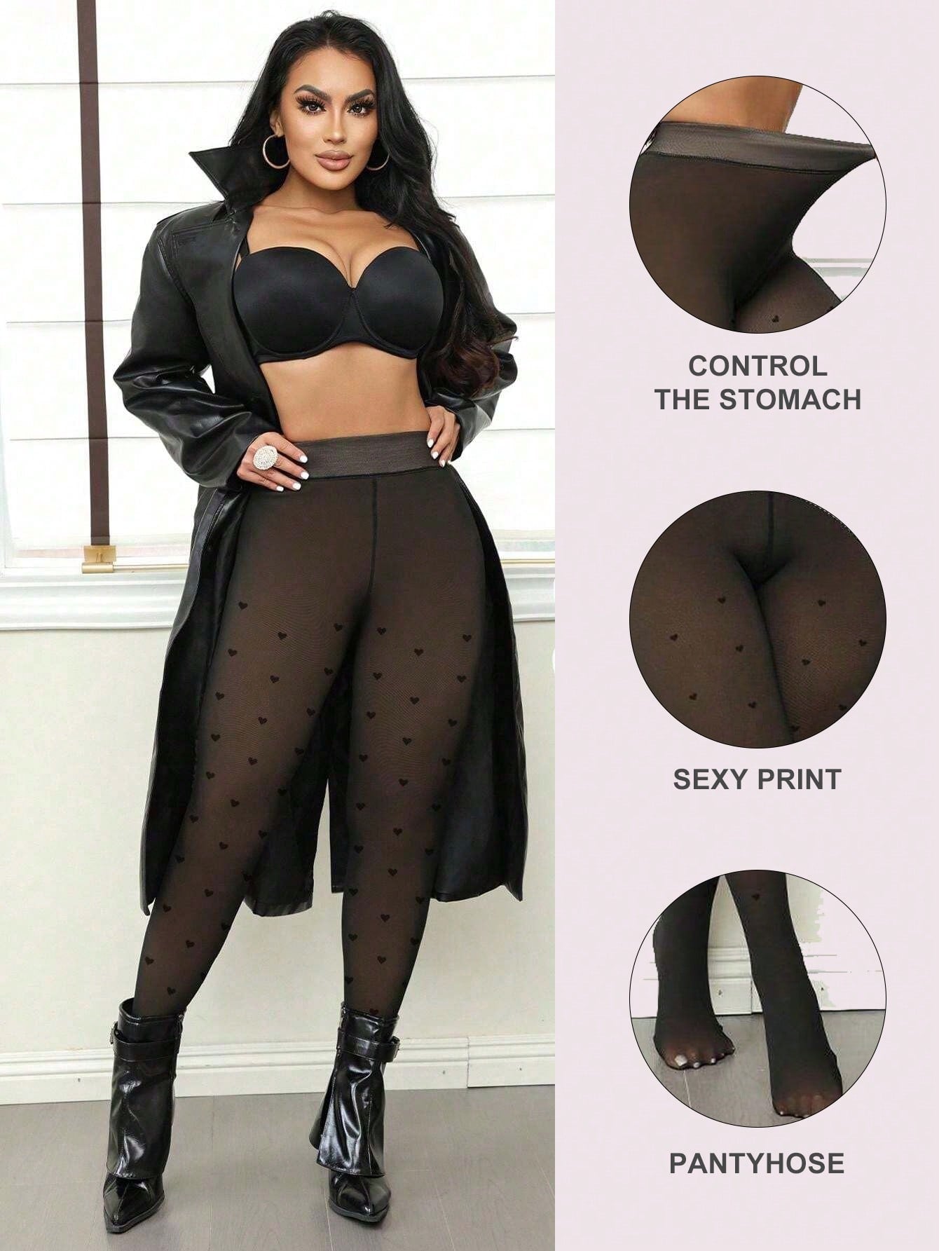 Heart-Shaped Printed Artificial Transparent Tights, Black Leg Shaping One-Piece Socks, Suitable For European And American Women, Sexy Stretch Pants, One-Piece