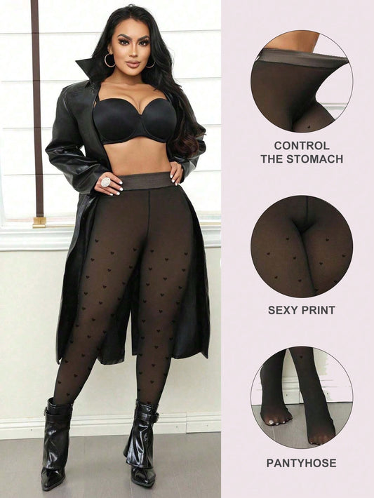 Heart-Shaped Printed Artificial Transparent Tights, Black Leg Shaping One-Piece Socks, Suitable For European And American Women, Sexy Stretch Pants, One-Piece