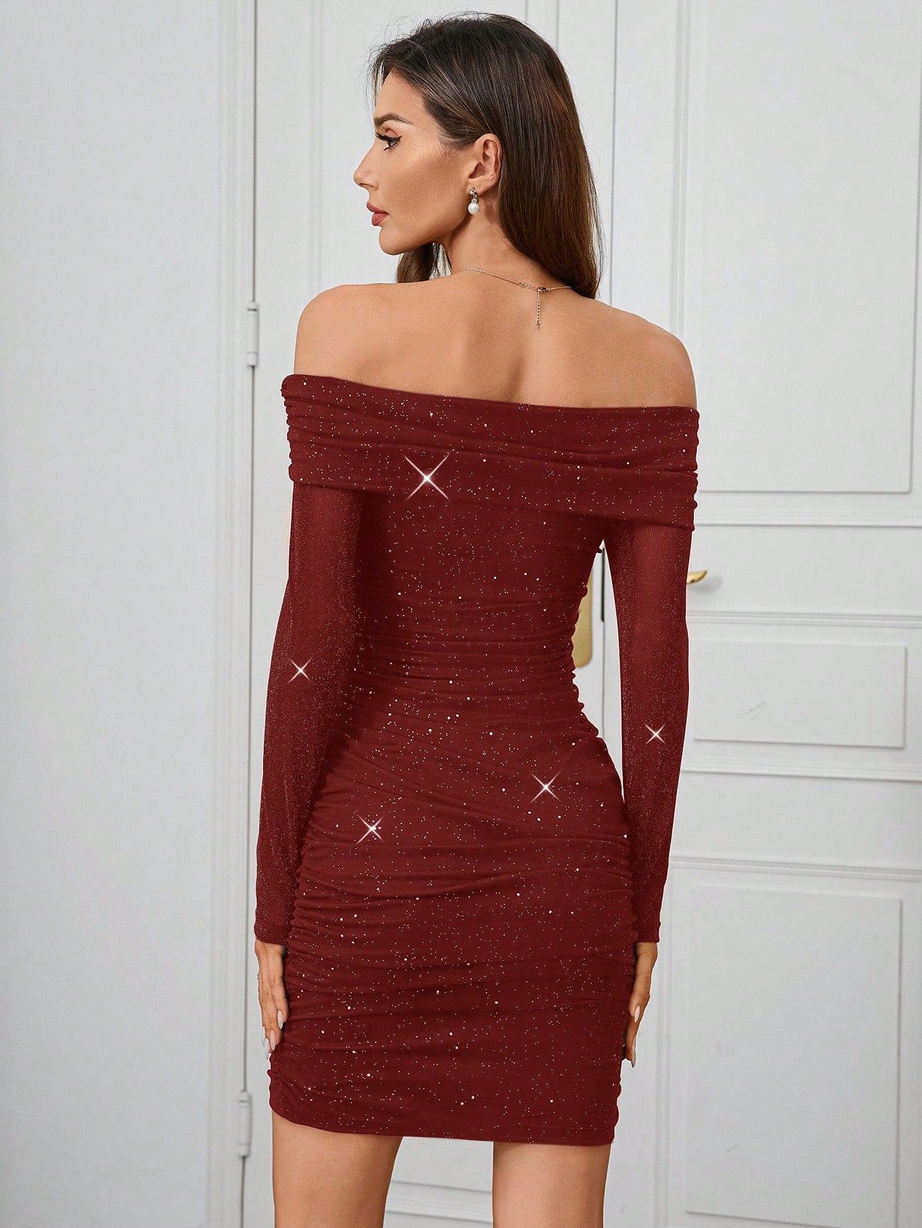 Women Elegant Sexy Off-Shoulder Ruched Glitter Knit Party Dress