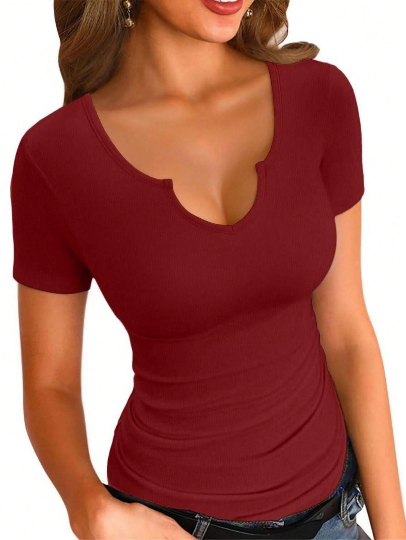Womens Tops Crew Neck Summer Short Sleeve Casual Slim Fitted Tshirt