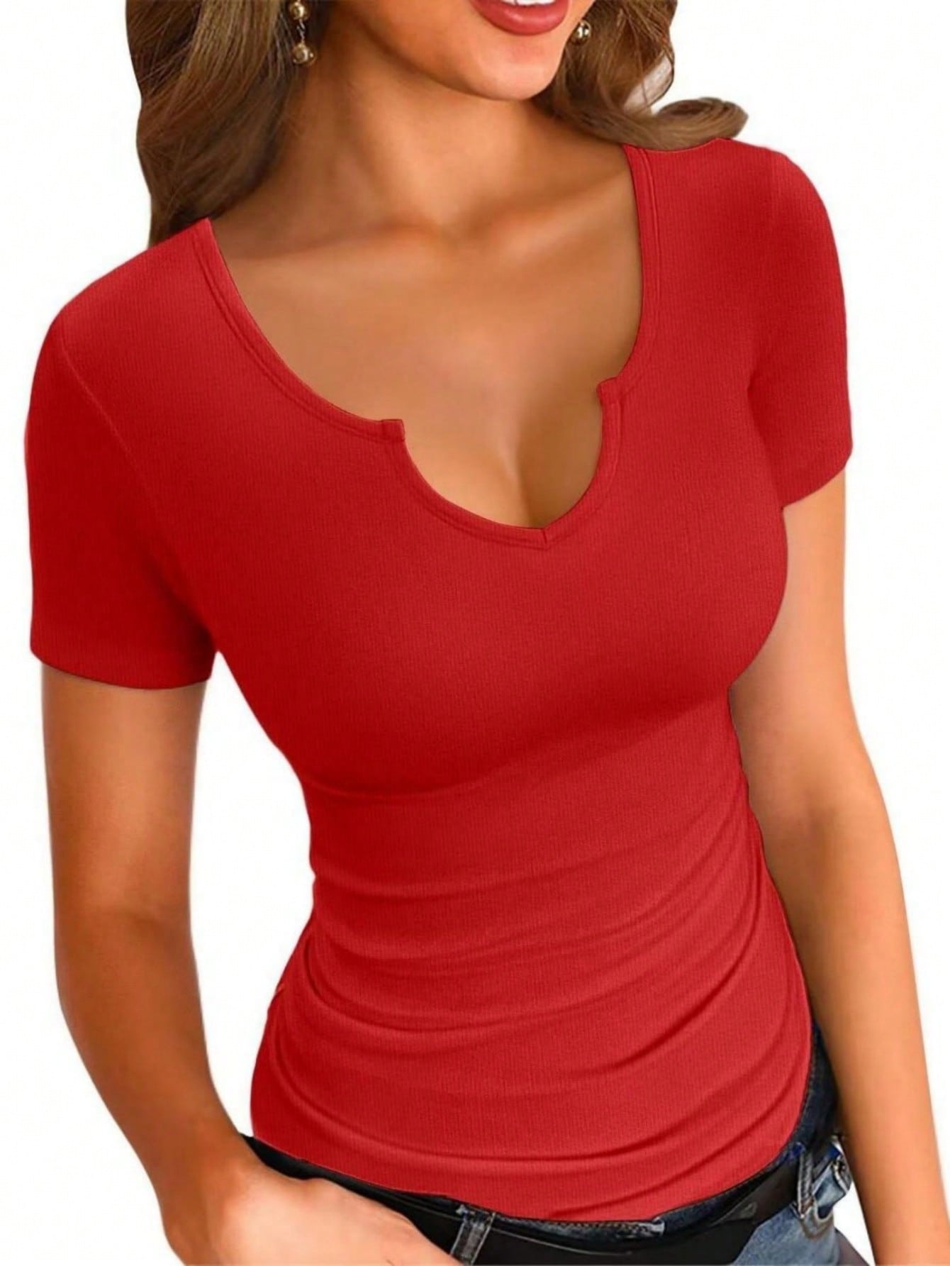 Womens Tops Crew Neck Summer Short Sleeve Casual Slim Fitted Tshirt