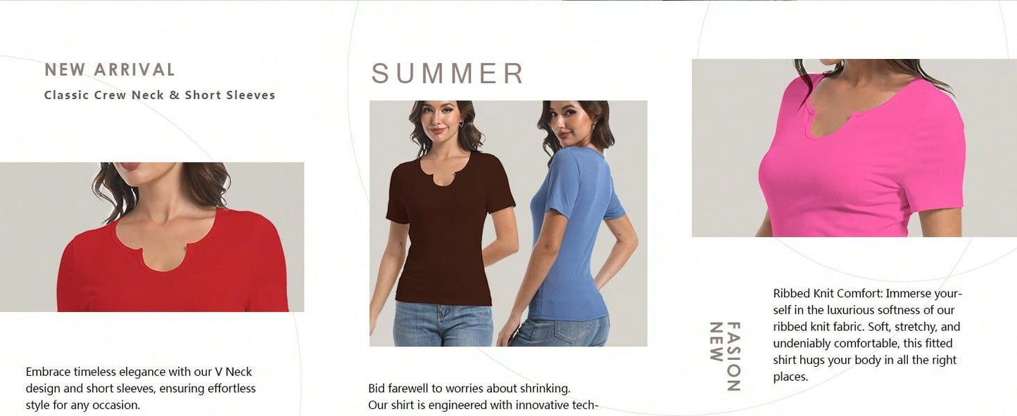 Womens Tops Crew Neck Summer Short Sleeve Casual Slim Fitted Tshirt