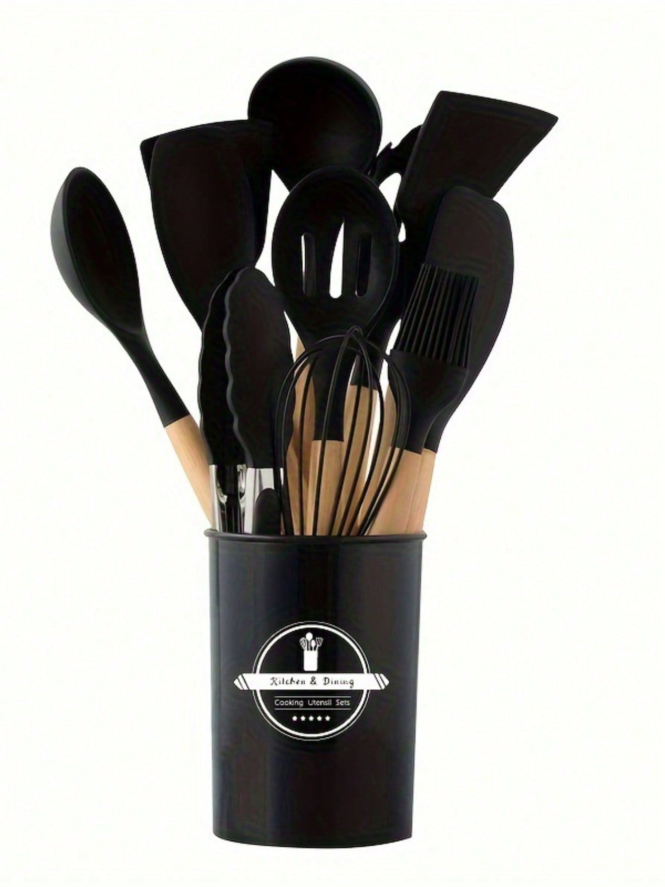 1 Set Kitchen Utensil Set, Silicone Cookware Set,12pcs Silicone Kitchen Utensil Set, Wooden Cooking Utensils, Kitchen Gadgets, Silicone Cutlery Set, Kitchen Tools With Storage Bucket
