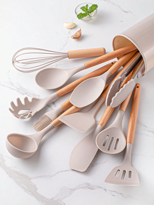 1 Set Kitchen Utensil Set, Silicone Cookware Set,12pcs Silicone Kitchen Utensil Set, Wooden Cooking Utensils, Kitchen Gadgets, Silicone Cutlery Set, Kitchen Tools With Storage Bucket