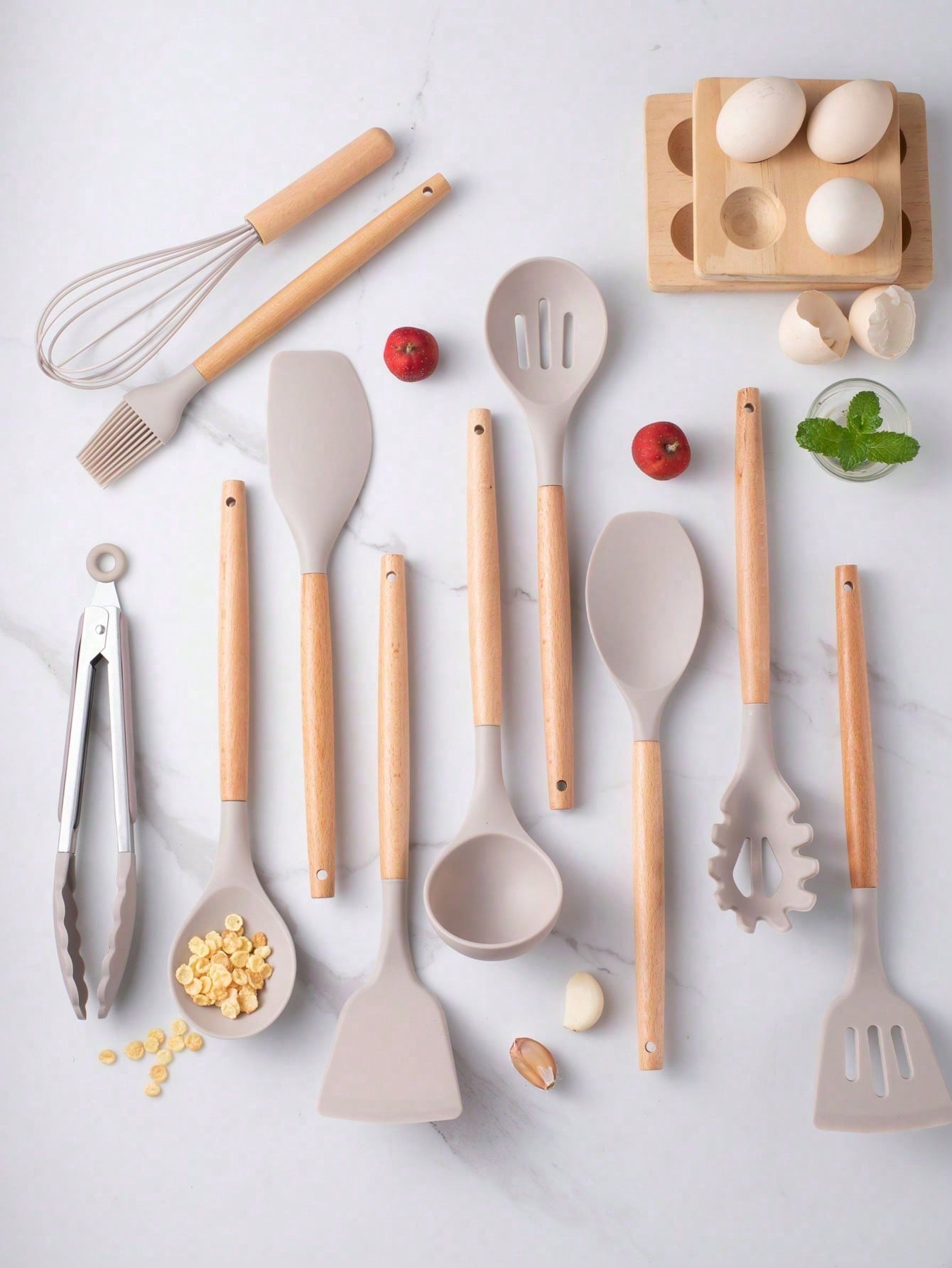 1 Set Kitchen Utensil Set, Silicone Cookware Set,12pcs Silicone Kitchen Utensil Set, Wooden Cooking Utensils, Kitchen Gadgets, Silicone Cutlery Set, Kitchen Tools With Storage Bucket