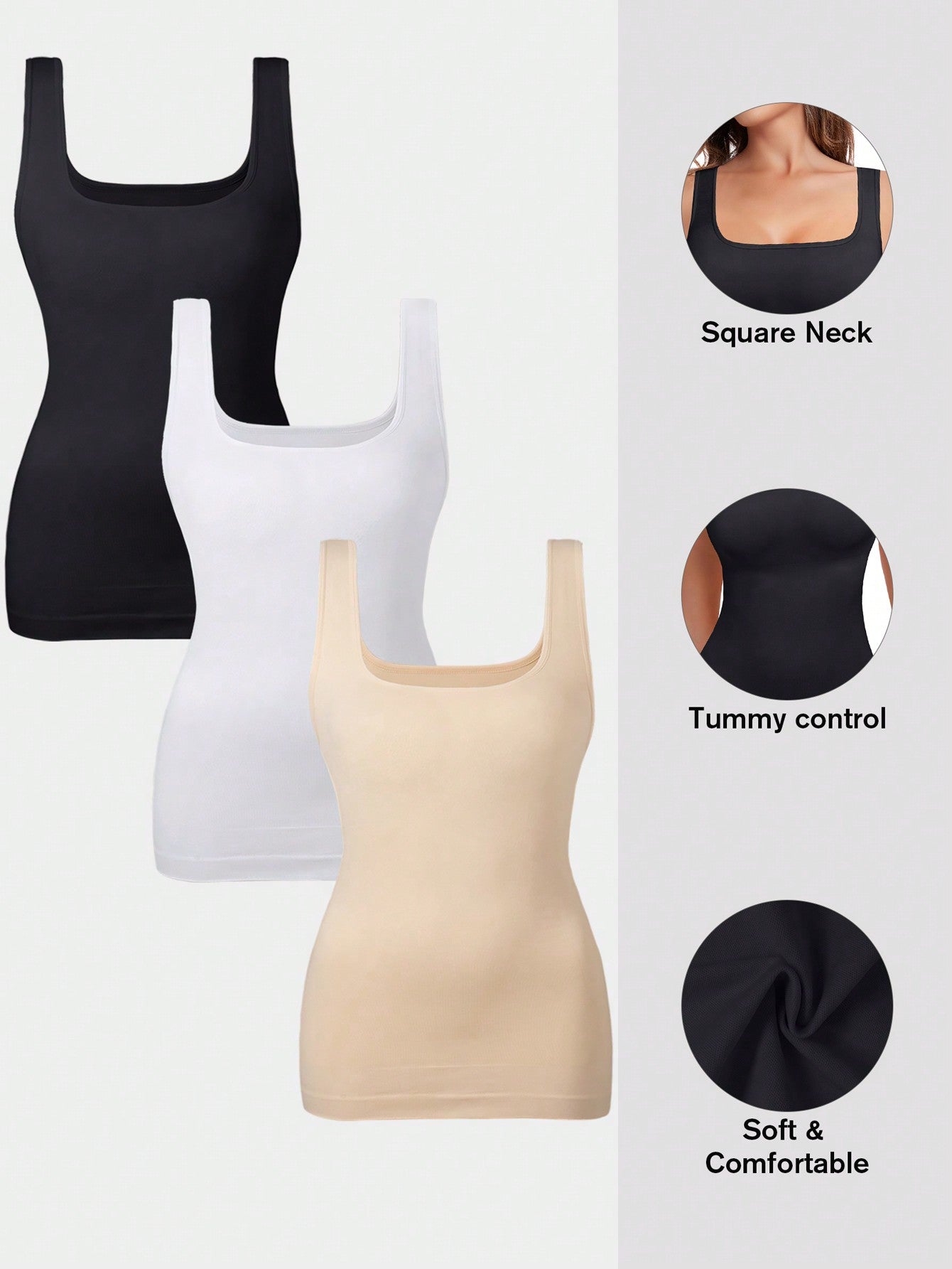 Women Tummy Control Shapewear Tank Tops Seamless Square Neck Compression Tops Slimming Body Shaper Camisole