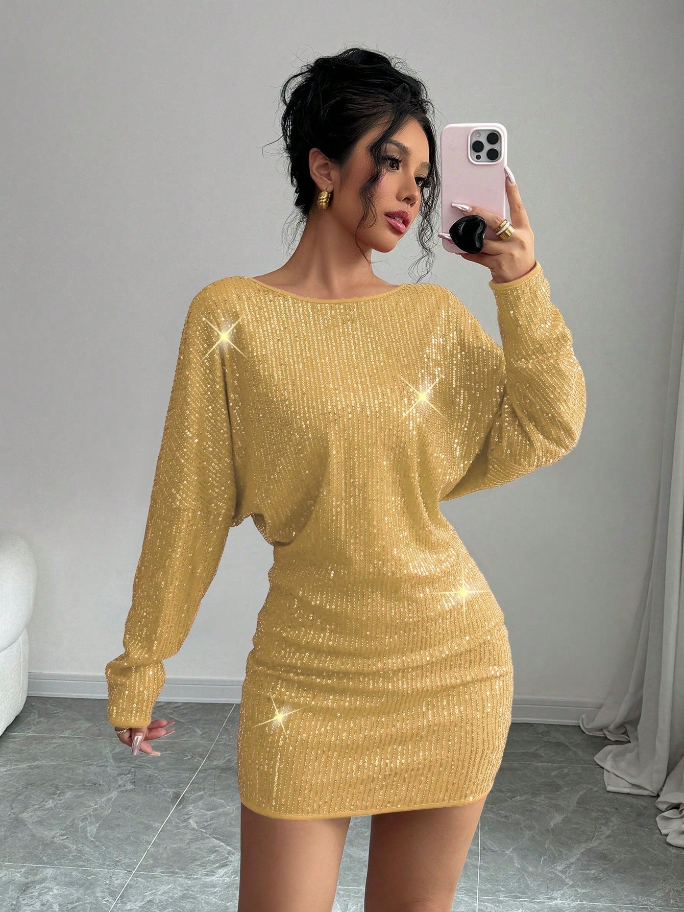 Elegant Sequin Batwing Sleeve Asymmetrical Neck Party Dress, Suitable For Christmas, New Year Celebration