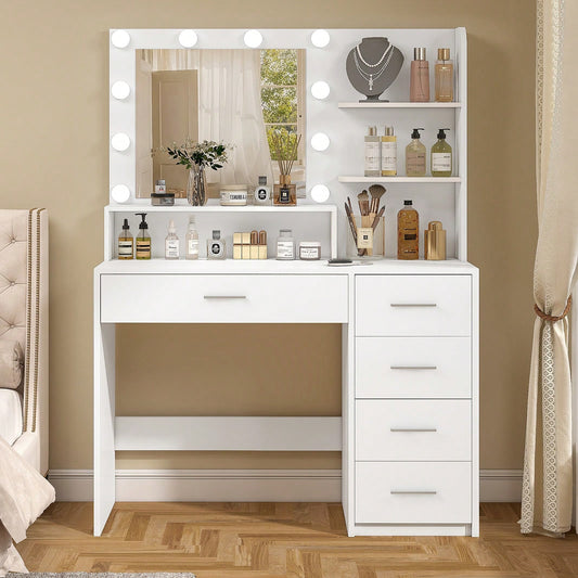 Makeup Vanity Desk With Mirror & Lights For Christmas Gifts, Vanity Desk With 5 Drawers & Storage Shelves, Vanity Table, 3 Color Modes & Adjustable Brightness Dressing Table, Bedroom