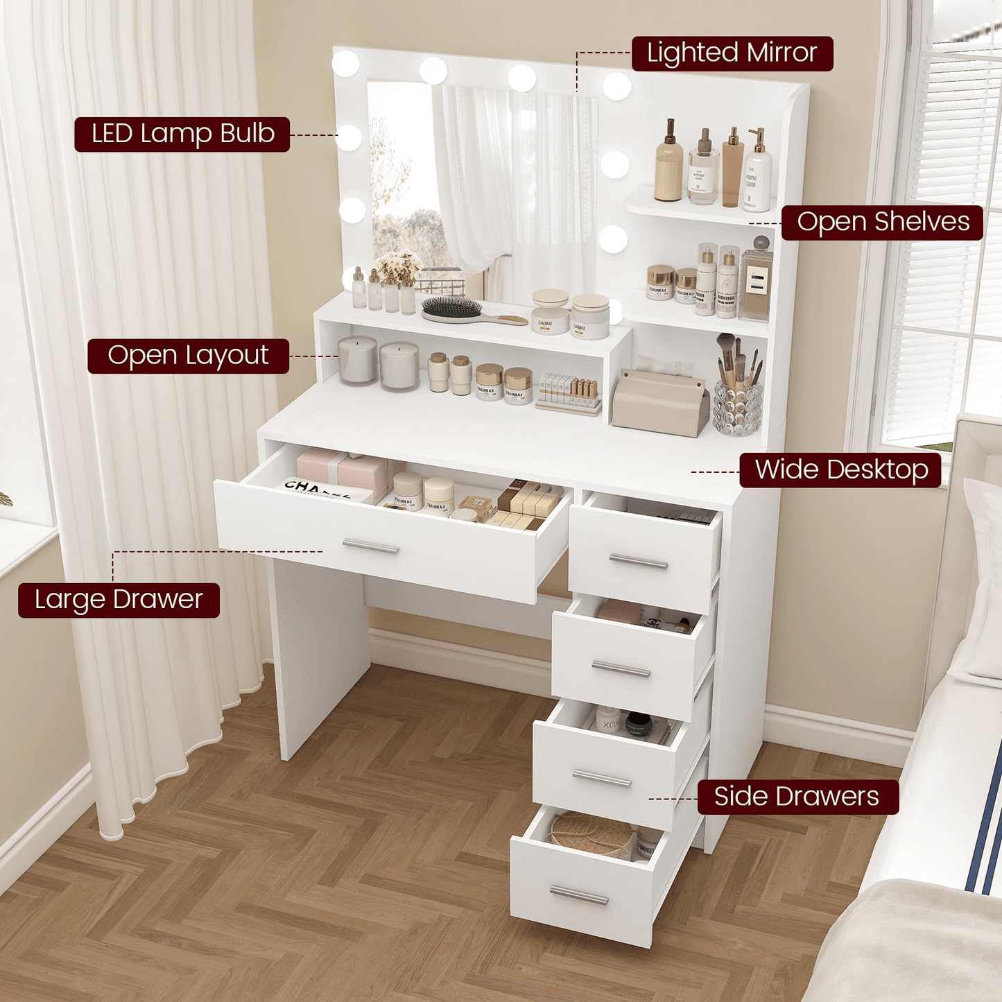 Makeup Vanity Desk With Mirror & Lights For Christmas Gifts, Vanity Desk With 5 Drawers & Storage Shelves, Vanity Table, 3 Color Modes & Adjustable Brightness Dressing Table, Bedroom