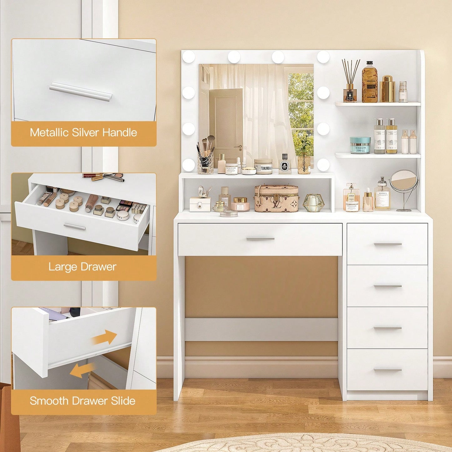 Makeup Vanity Desk With Mirror & Lights For Christmas Gifts, Vanity Desk With 5 Drawers & Storage Shelves, Vanity Table, 3 Color Modes & Adjustable Brightness Dressing Table, Bedroom