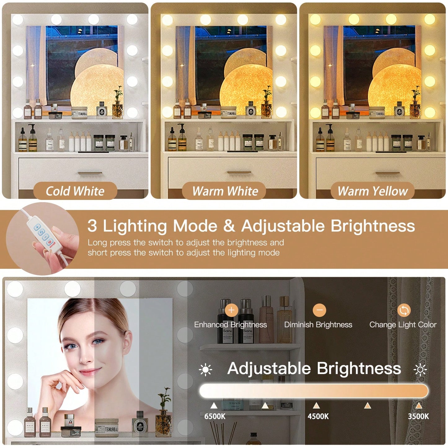 Makeup Vanity Desk With Mirror & Lights For Christmas Gifts, Vanity Desk With 5 Drawers & Storage Shelves, Vanity Table, 3 Color Modes & Adjustable Brightness Dressing Table, Bedroom