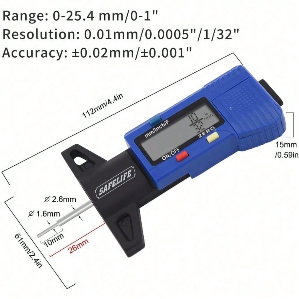 Digital Tire Tread Depth Gauge 3 Modes-Fractional Inch Decimal Inch And Millimeter Zeroable Tire Tread Depth Gauge For Motorcycles,Cars,Trucks, SUV Accurate Tyre Tread Depth Gauge