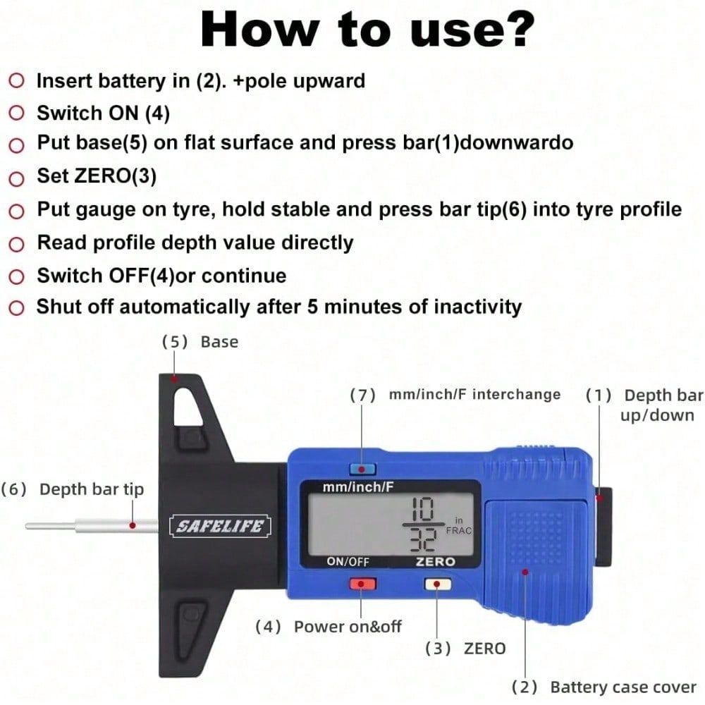 Digital Tire Tread Depth Gauge 3 Modes-Fractional Inch Decimal Inch And Millimeter Zeroable Tire Tread Depth Gauge For Motorcycles,Cars,Trucks, SUV Accurate Tyre Tread Depth Gauge