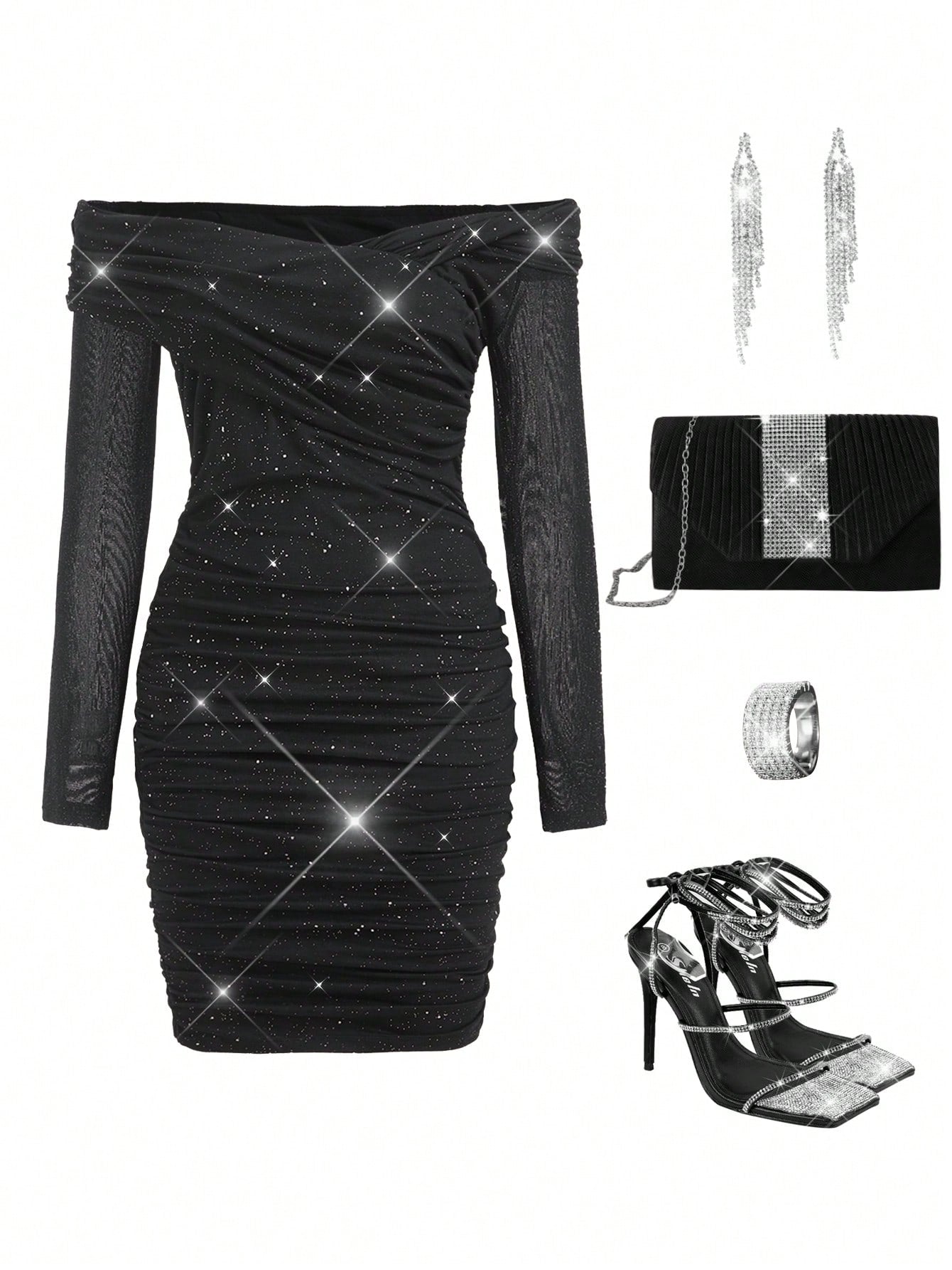 Women Elegant Sexy Off-Shoulder Ruched Glitter Knit Party Dress