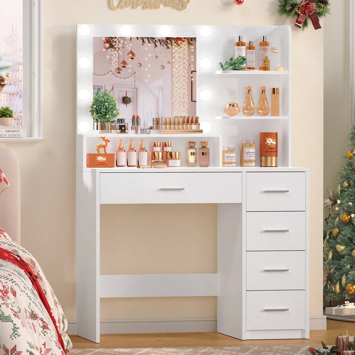 Makeup Vanity Desk With Mirror & Lights For Christmas Gifts, Vanity Desk With 5 Drawers & Storage Shelves, Vanity Table, 3 Color Modes & Adjustable Brightness Dressing Table, Bedroom