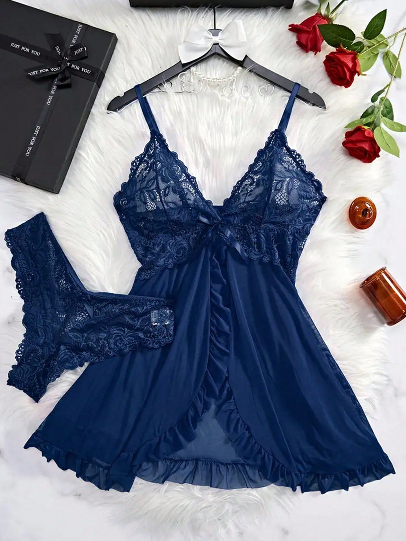 2 Piece Lace Lingerie For Women Sexy Open Front Ruffle Sheer Mesh V Neck Nightwear Sexy Chemise Nightie Mesh Sleepwear Floral Hem Sleepshirt  Lace Babydoll Lingerie Dress With Thong