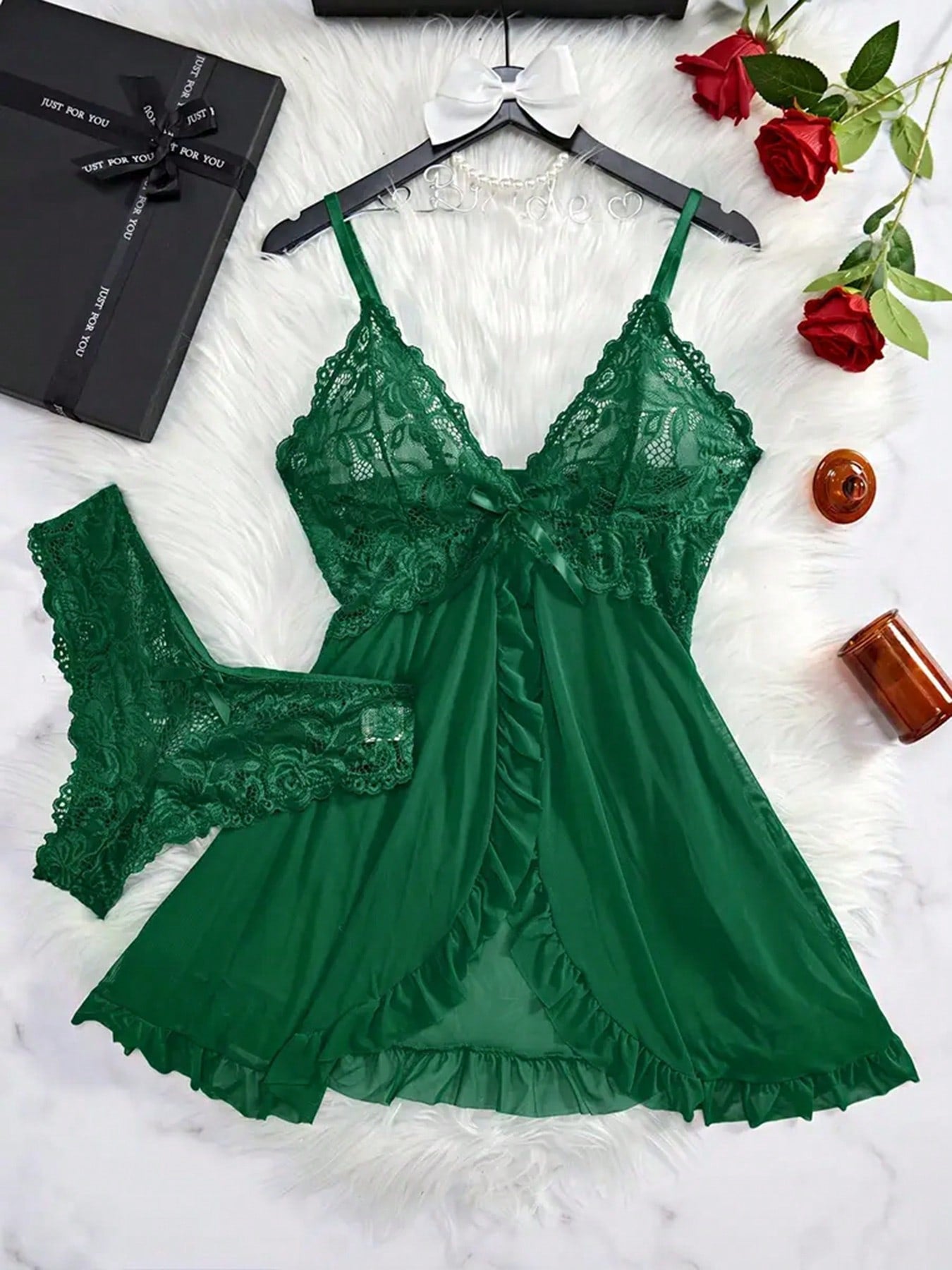 2 Piece Lace Lingerie For Women Sexy Open Front Ruffle Sheer Mesh V Neck Nightwear Sexy Chemise Nightie Mesh Sleepwear Floral Hem Sleepshirt  Lace Babydoll Lingerie Dress With Thong