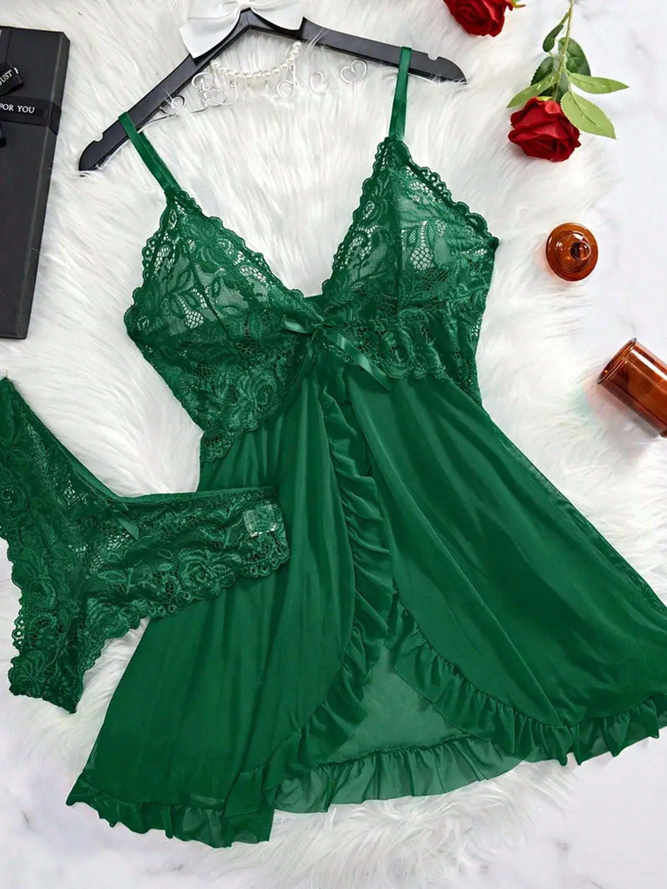 2 Piece Lace Lingerie For Women Sexy Open Front Ruffle Sheer Mesh V Neck Nightwear Sexy Chemise Nightie Mesh Sleepwear Floral Hem Sleepshirt  Lace Babydoll Lingerie Dress With Thong