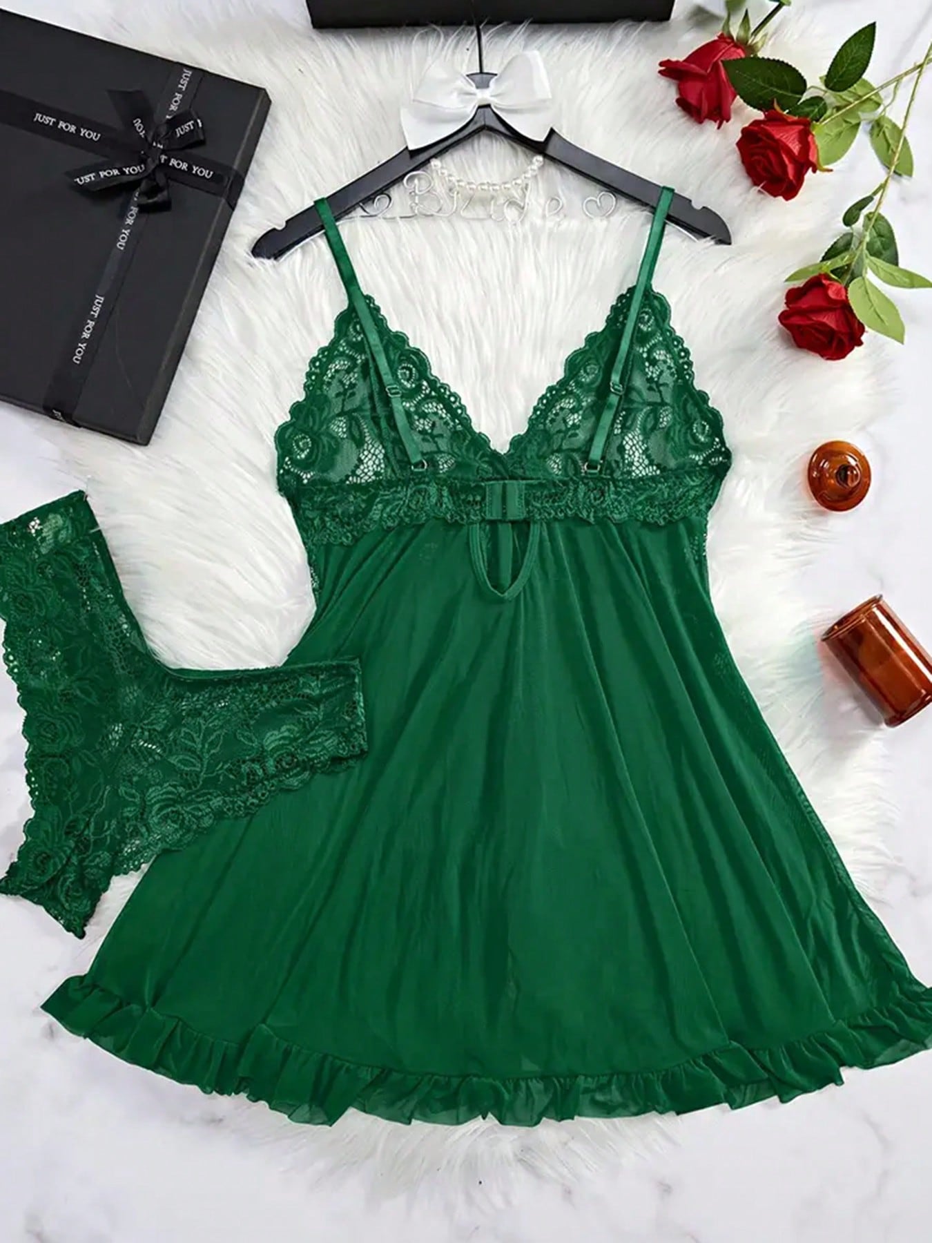 2 Piece Lace Lingerie For Women Sexy Open Front Ruffle Sheer Mesh V Neck Nightwear Sexy Chemise Nightie Mesh Sleepwear Floral Hem Sleepshirt  Lace Babydoll Lingerie Dress With Thong