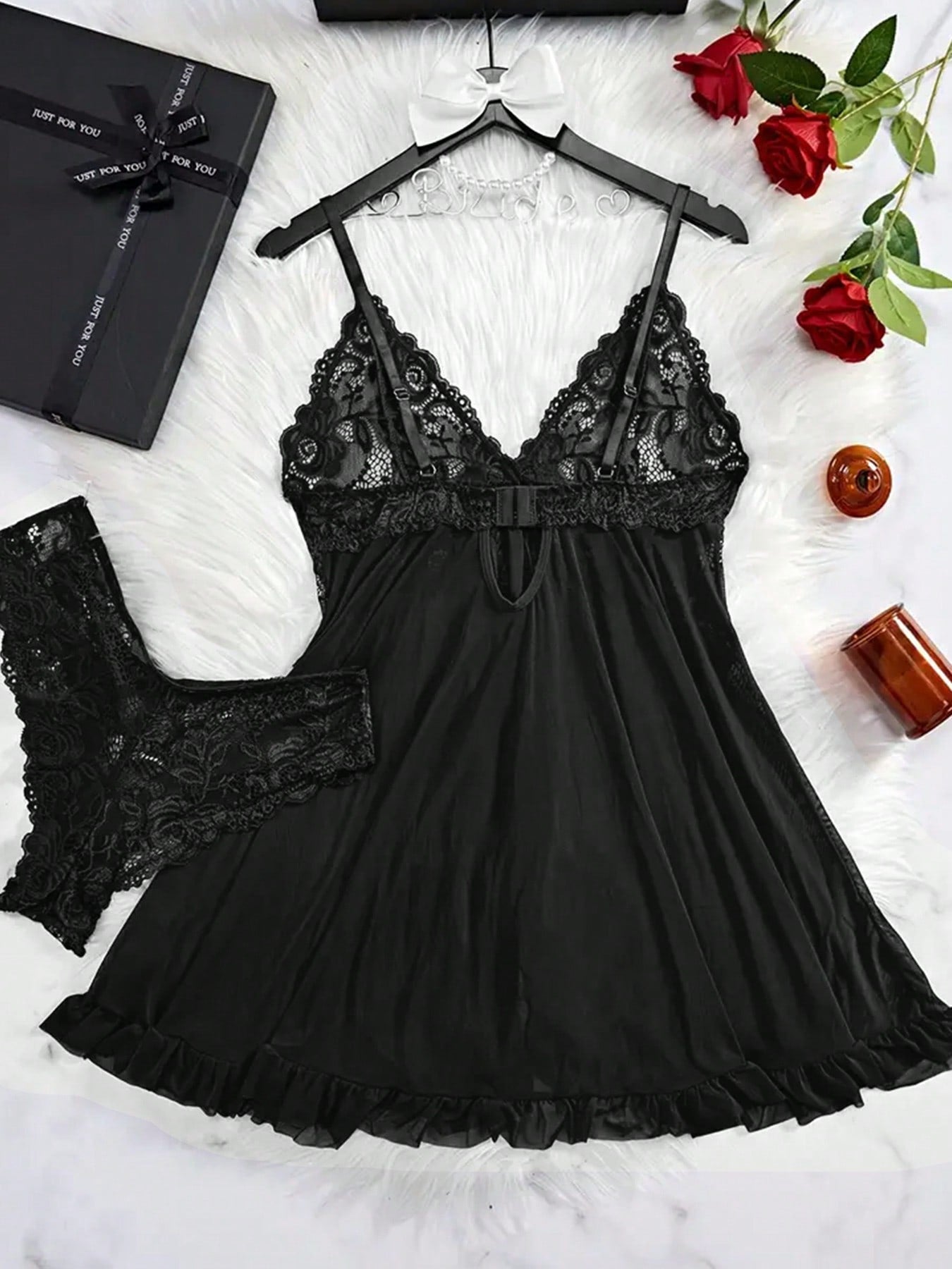 2 Piece Lace Lingerie For Women Sexy Open Front Ruffle Sheer Mesh V Neck Nightwear Sexy Chemise Nightie Mesh Sleepwear Floral Hem Sleepshirt  Lace Babydoll Lingerie Dress With Thong
