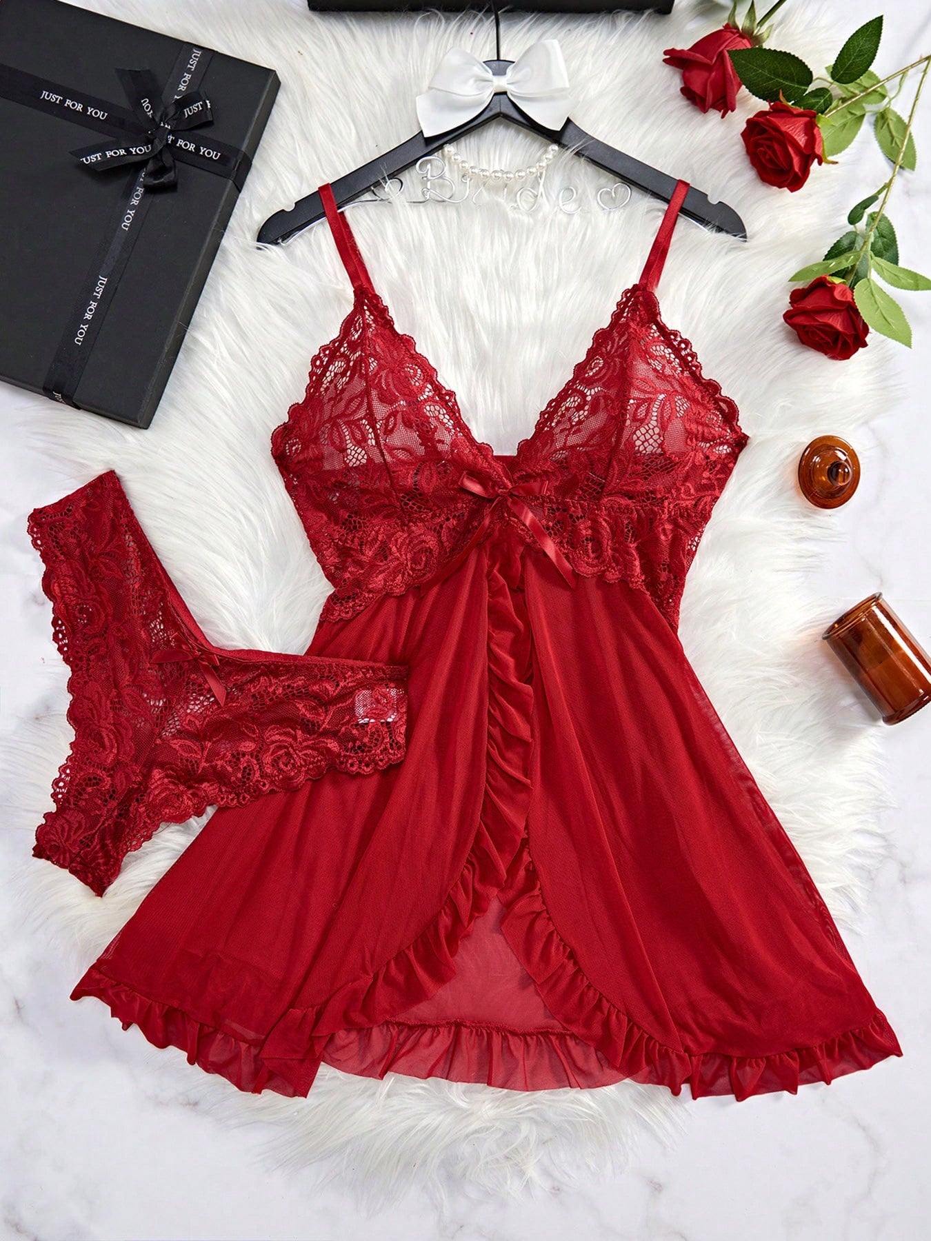 2 Piece Lace Lingerie For Women Sexy Open Front Ruffle Sheer Mesh V Neck Nightwear Sexy Chemise Nightie Mesh Sleepwear Floral Hem Sleepshirt  Lace Babydoll Lingerie Dress With Thong