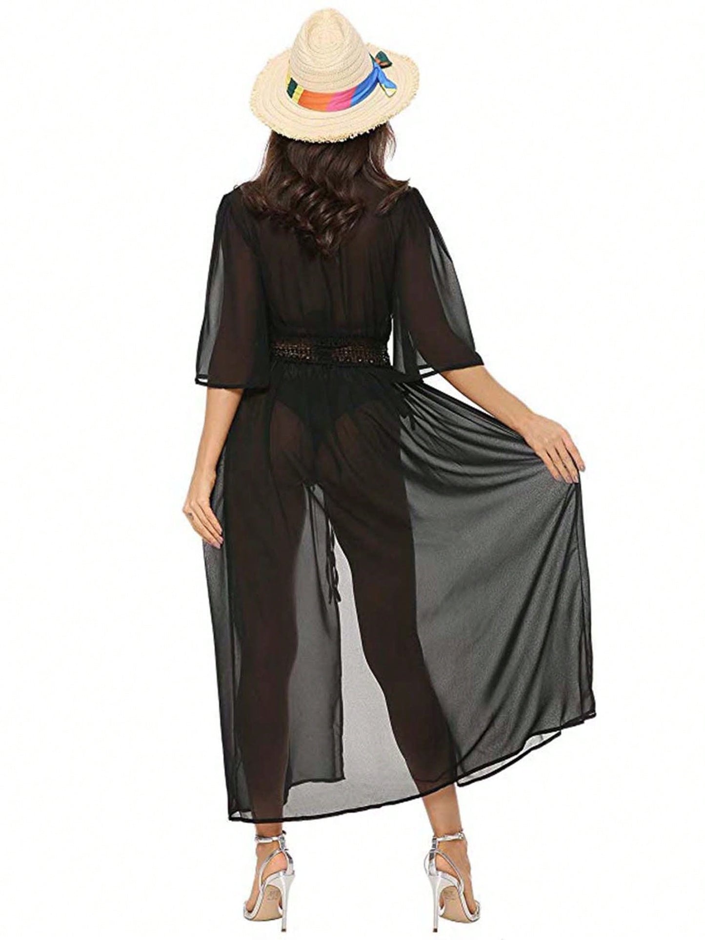 Women Bikini Cover Up, Solid Color Hollow Waist Short Sleeve Long Cover Up, Cardigan Straps Tie Loose Dress For Swimming Wears