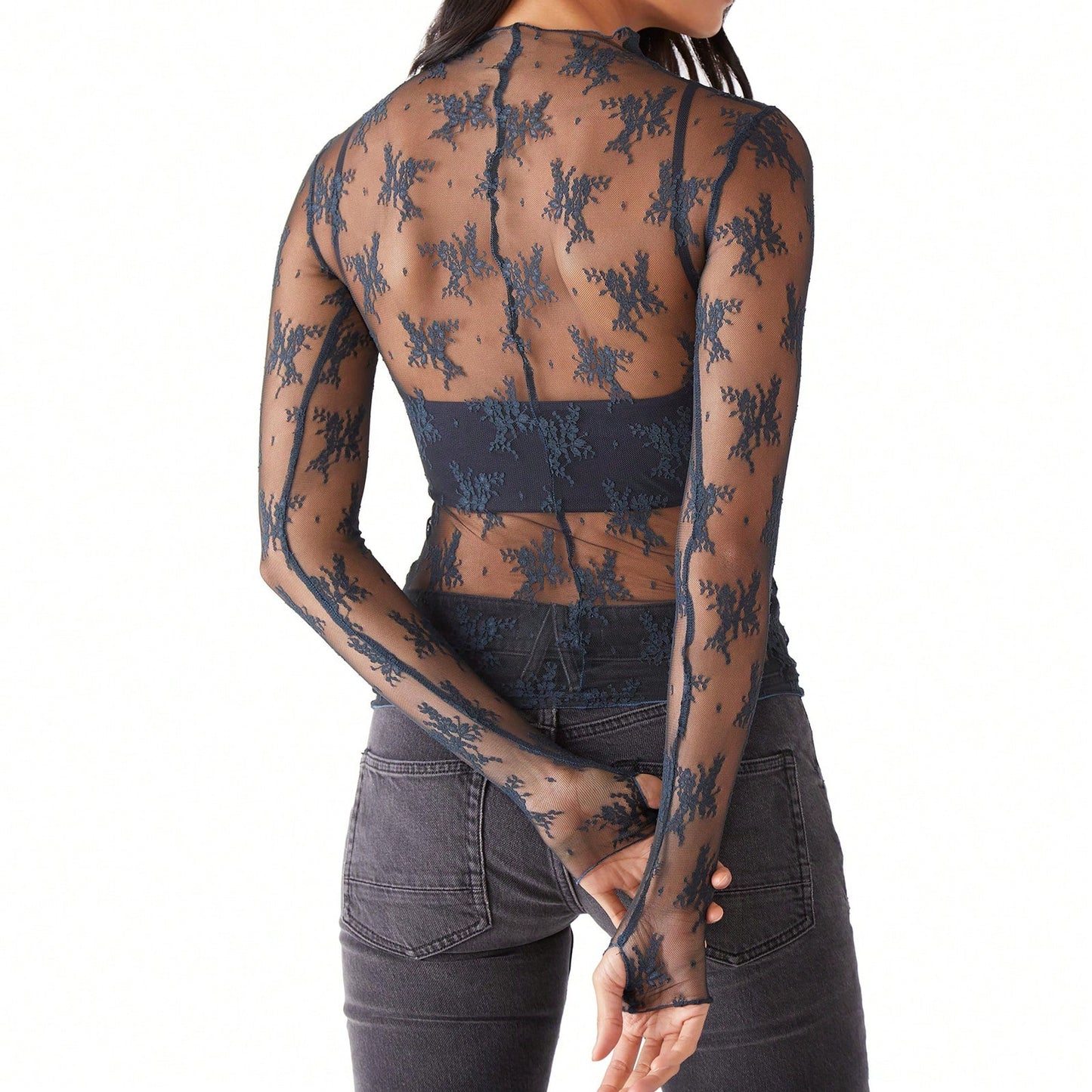 Women Long Sleeve T-Shirts Mesh See-Through Mock Neck Lace Shirts Spring Fall Slim Fit Tops Streetwear
