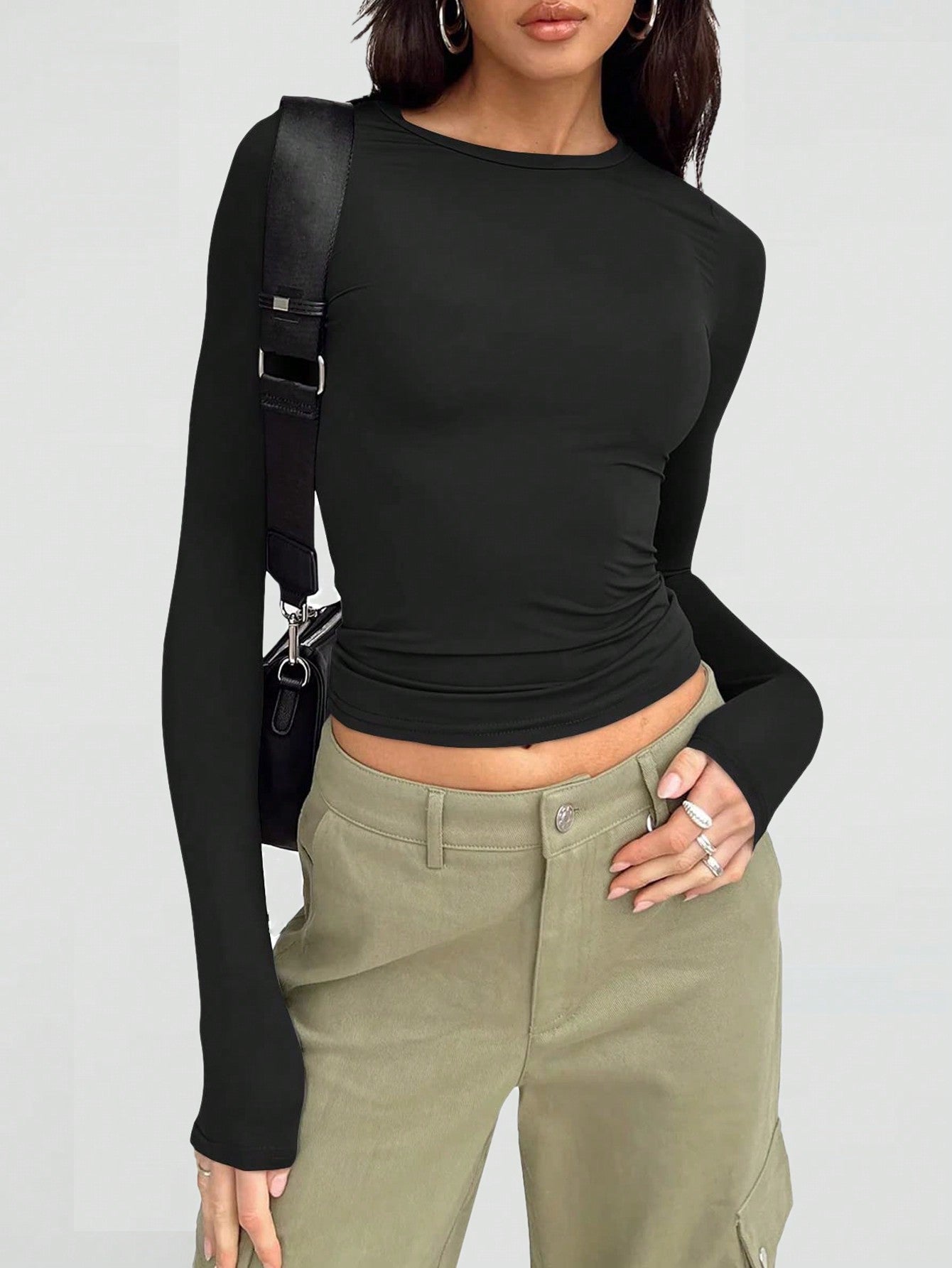 Womens Long Sleeve Shirts Basic Crop Tops Tight Slim Fit Cute Teen Girls Fall Winter Y2k Clothes