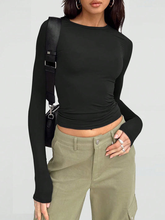 Womens Long Sleeve Shirts Basic Crop Tops Tight Slim Fit Cute Teen Girls Fall Winter Y2k Clothes