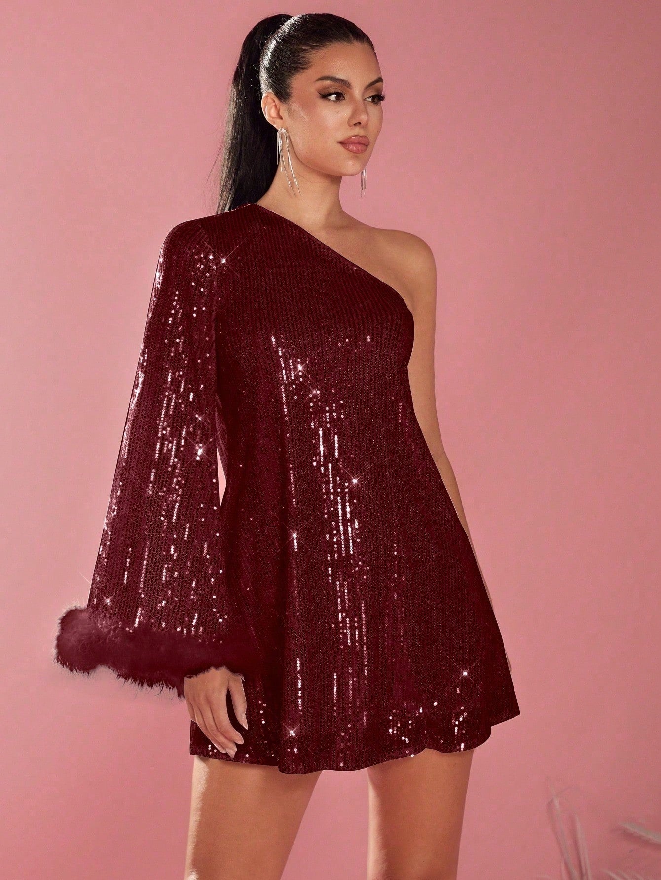 Women Fluffy Panel Oblique Shoulder Long Sleeve Short Casual Dress For Holiday Party Clothes Sequin Women Outfit