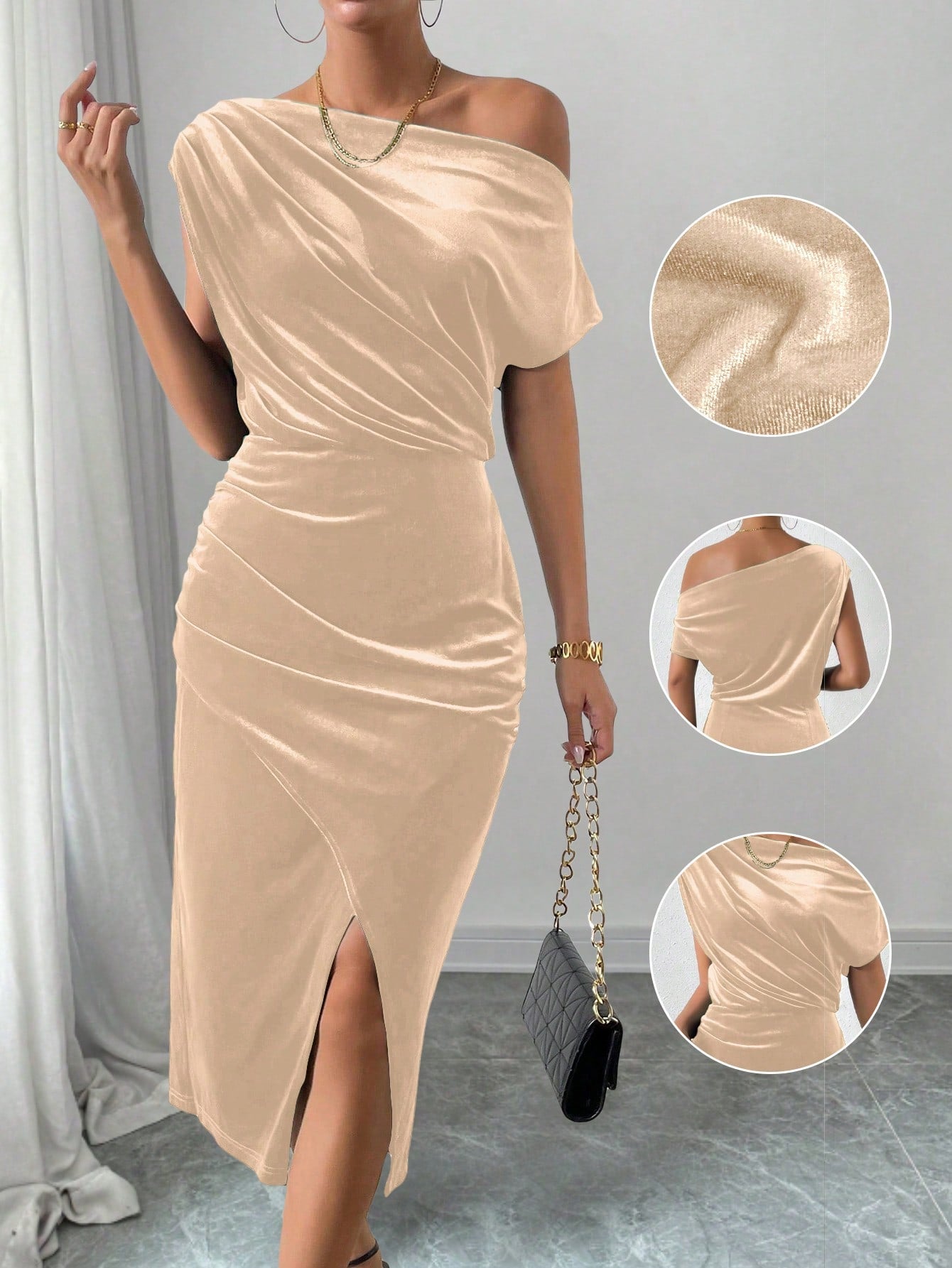Clasi Women's Mid-Length Off Shoulder Solid Color Fitted Velvet Dress Maxi Women Outfit