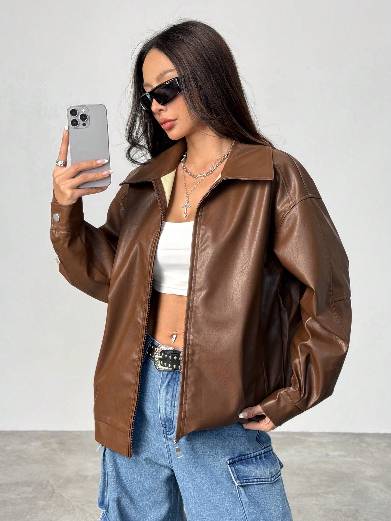 Women's Fall Essentials Casual Leather With Pockets Comfy Black Baggy Lapel Collar Long Sleeve Jacket